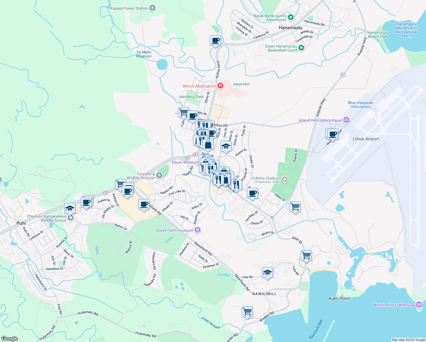 map of restaurants, bars, coffee shops, grocery stores, and more near 4364 Rice Street in Lihue
