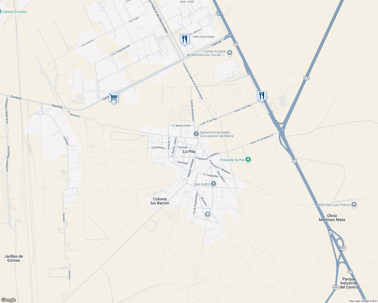 map of restaurants, bars, coffee shops, grocery stores, and more near in La Pila