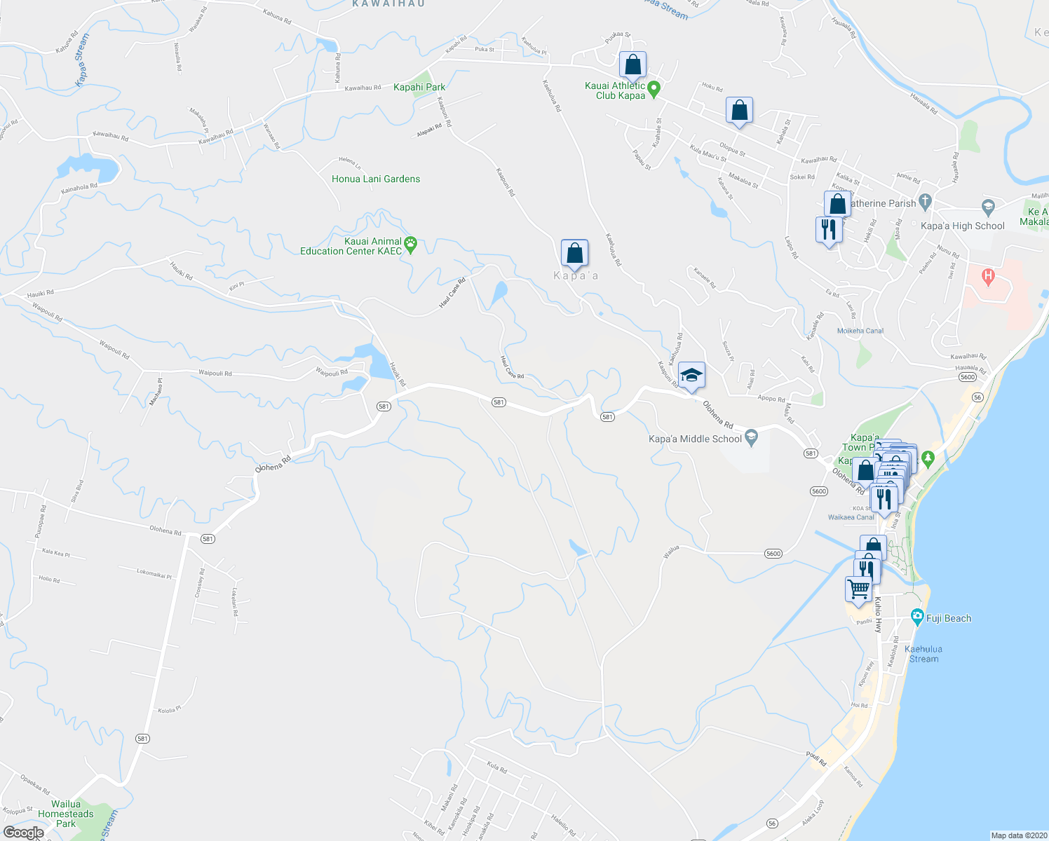 map of restaurants, bars, coffee shops, grocery stores, and more near 5108-5284 Olohena Road in Kapaa