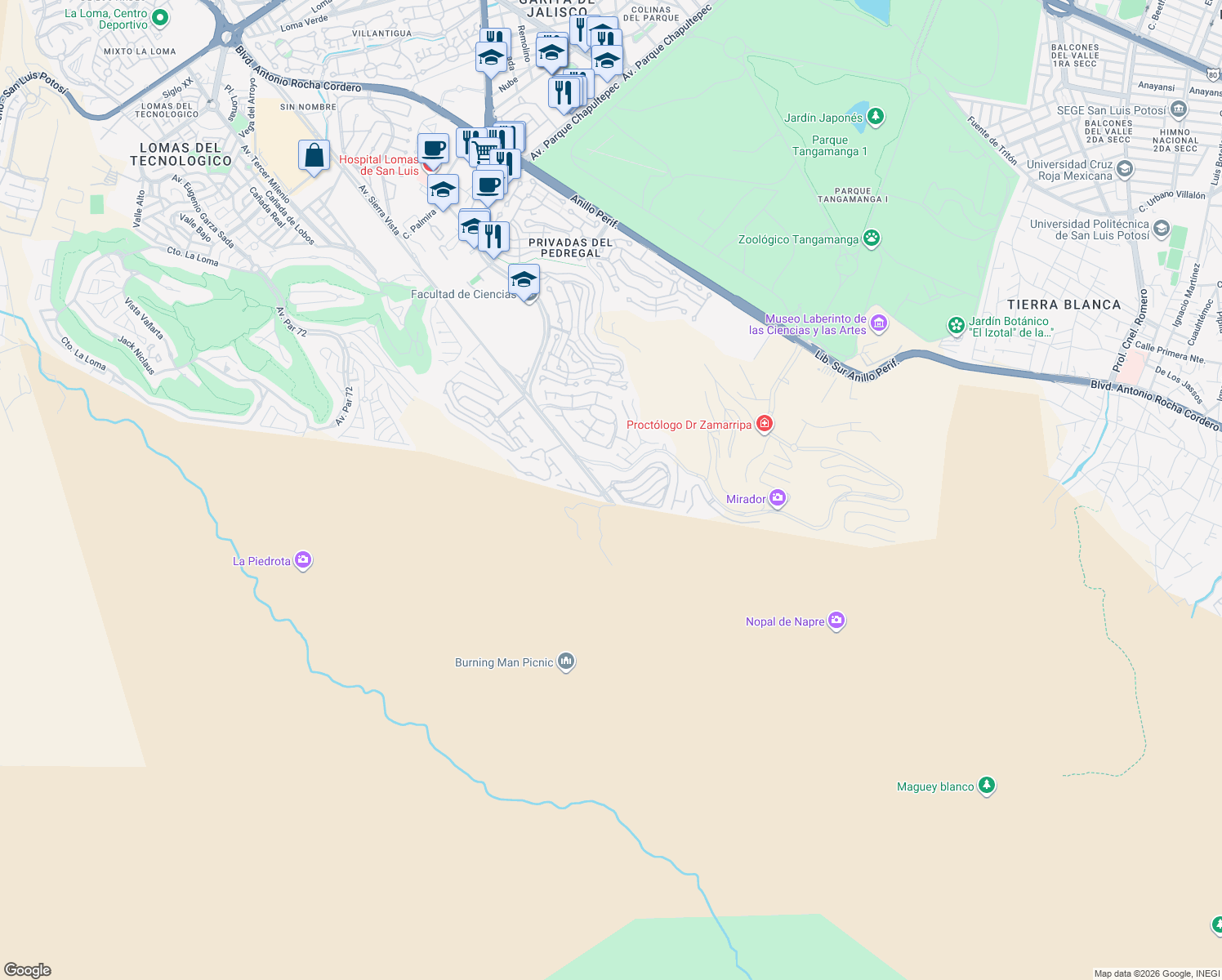 map of restaurants, bars, coffee shops, grocery stores, and more near Avenida Sierra Vista in San Luis Potosí