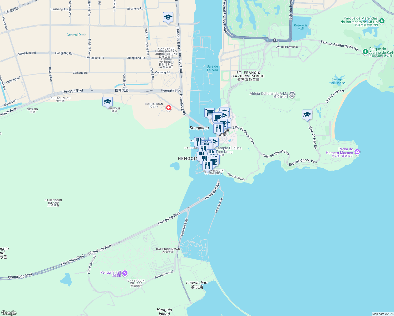 map of restaurants, bars, coffee shops, grocery stores, and more near in Zhuhai