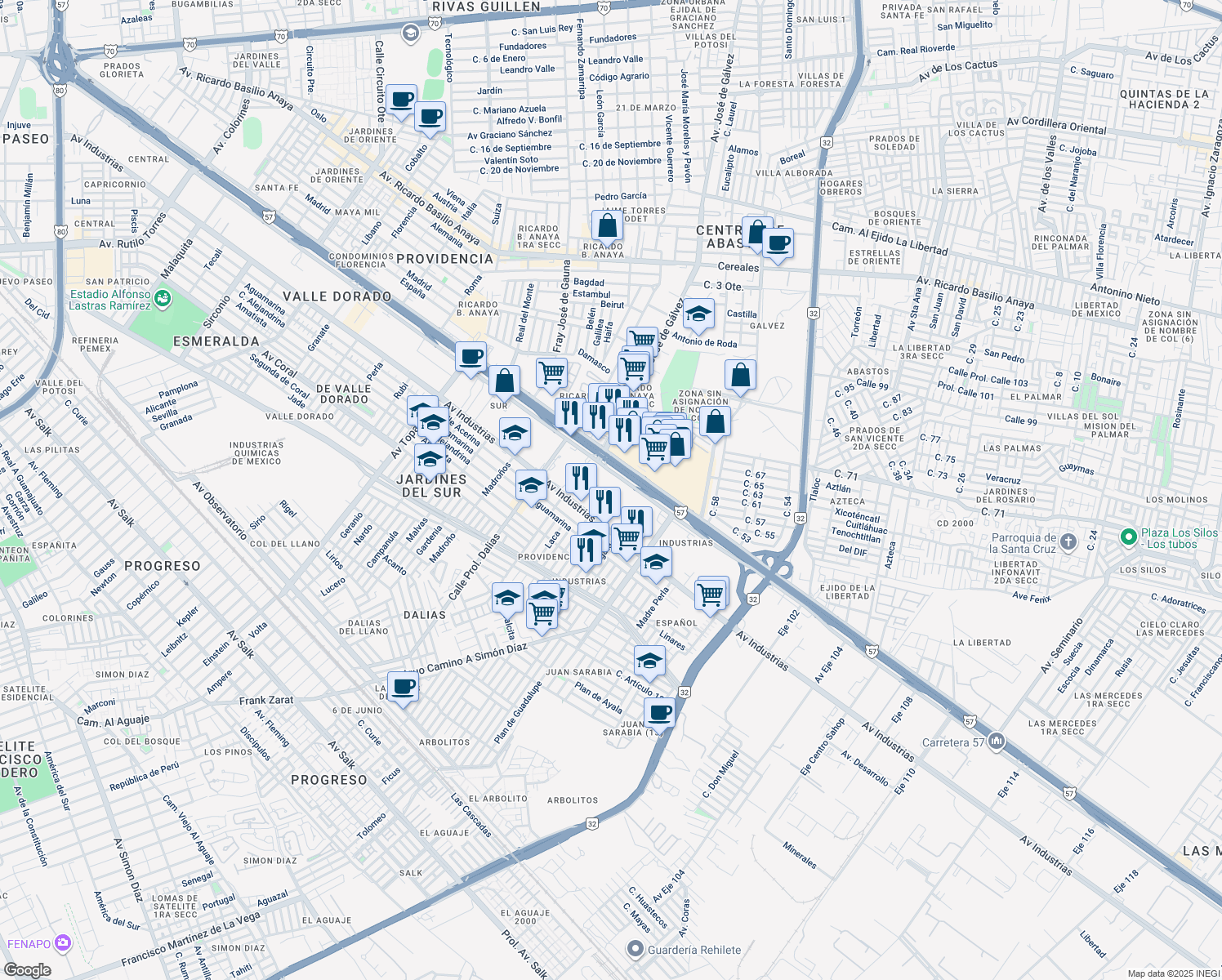 map of restaurants, bars, coffee shops, grocery stores, and more near 2150 Boulevard San Luis in San Luis Potosí
