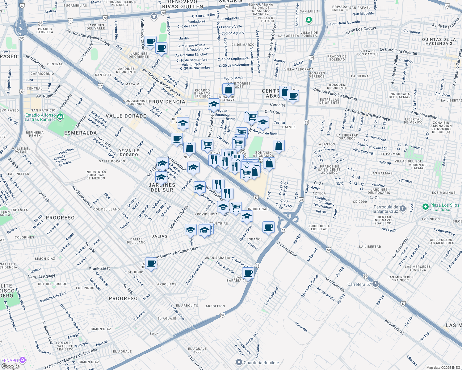 map of restaurants, bars, coffee shops, grocery stores, and more near 2150 Boulevard San Luis in San Luis Potosí