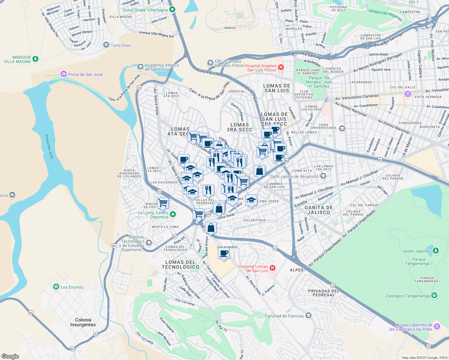 map of restaurants, bars, coffee shops, grocery stores, and more near Real de Lomas in San Luis Potosi