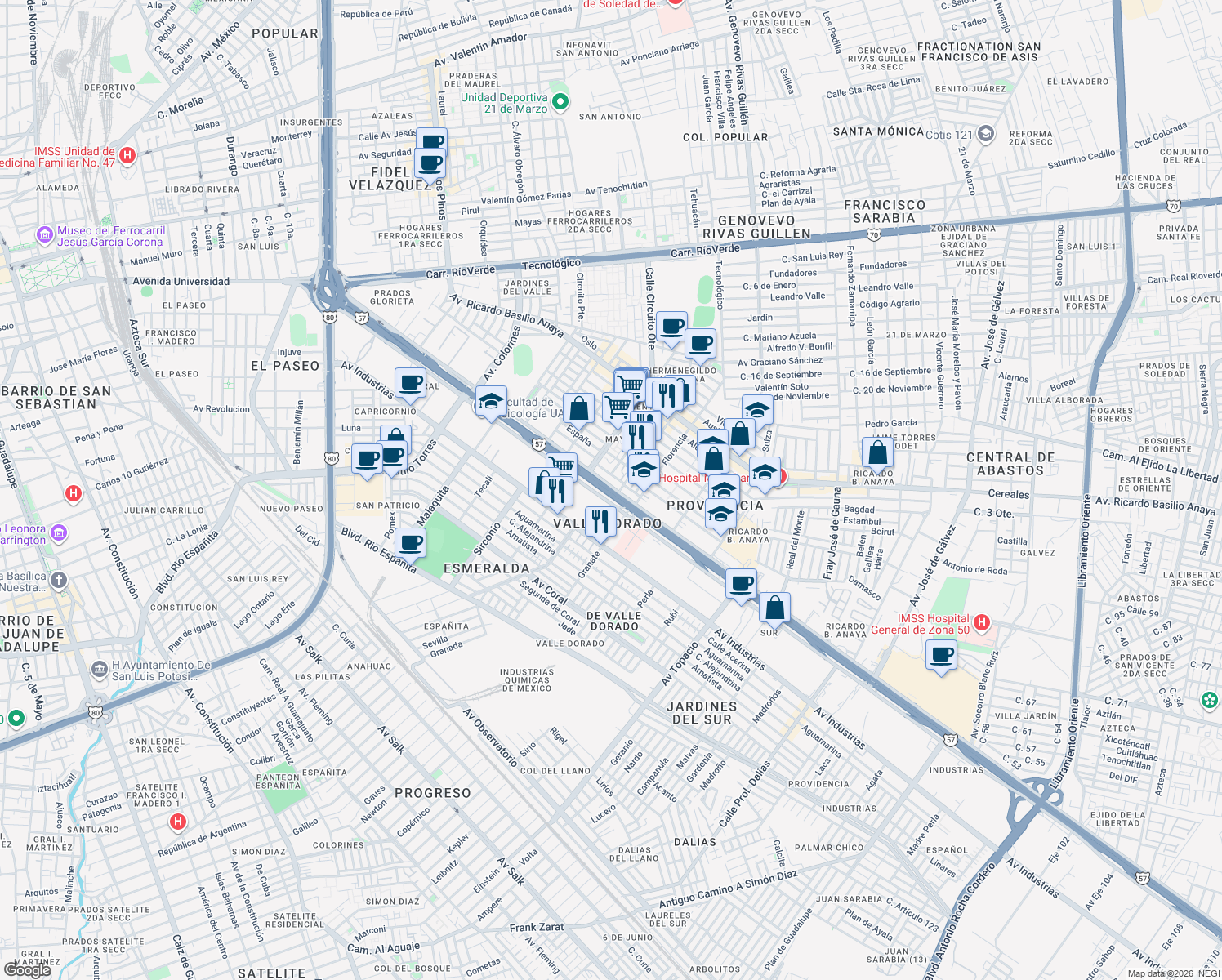 map of restaurants, bars, coffee shops, grocery stores, and more near Carr. a Matehuala Km 9.5 in San Luis Potosí