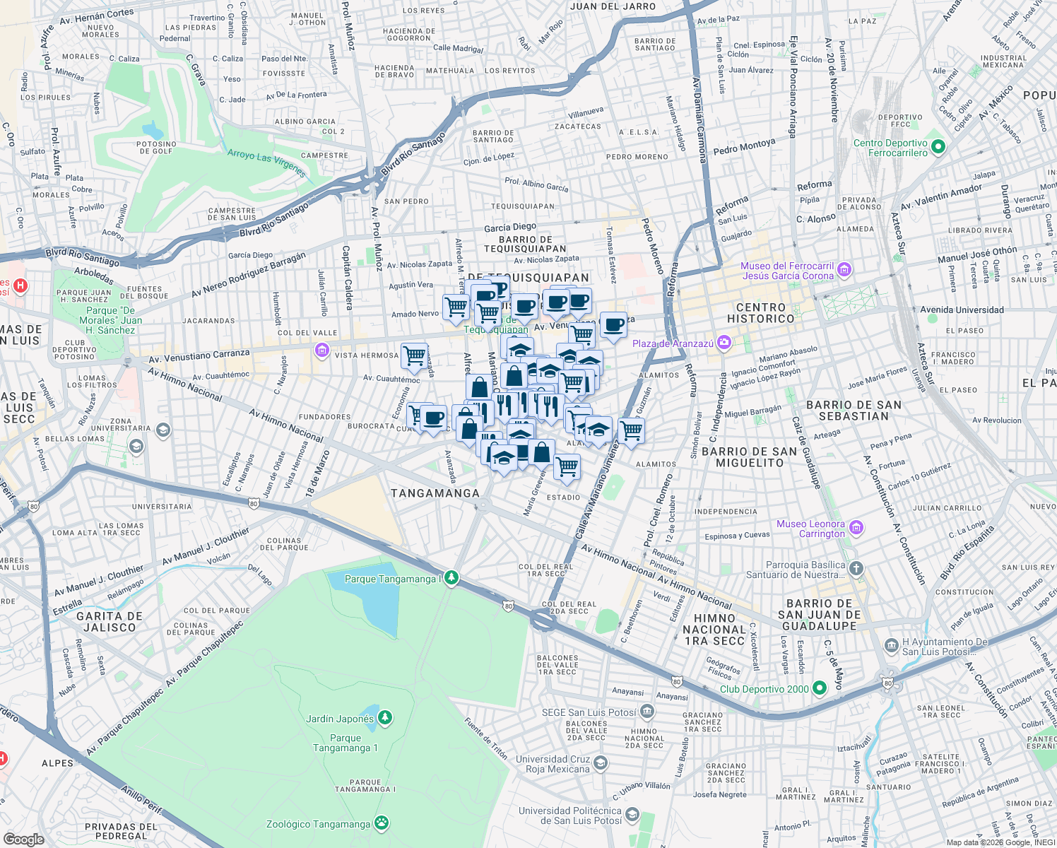 map of restaurants, bars, coffee shops, grocery stores, and more near Avenida Santos Degollado in San Luis Potosí