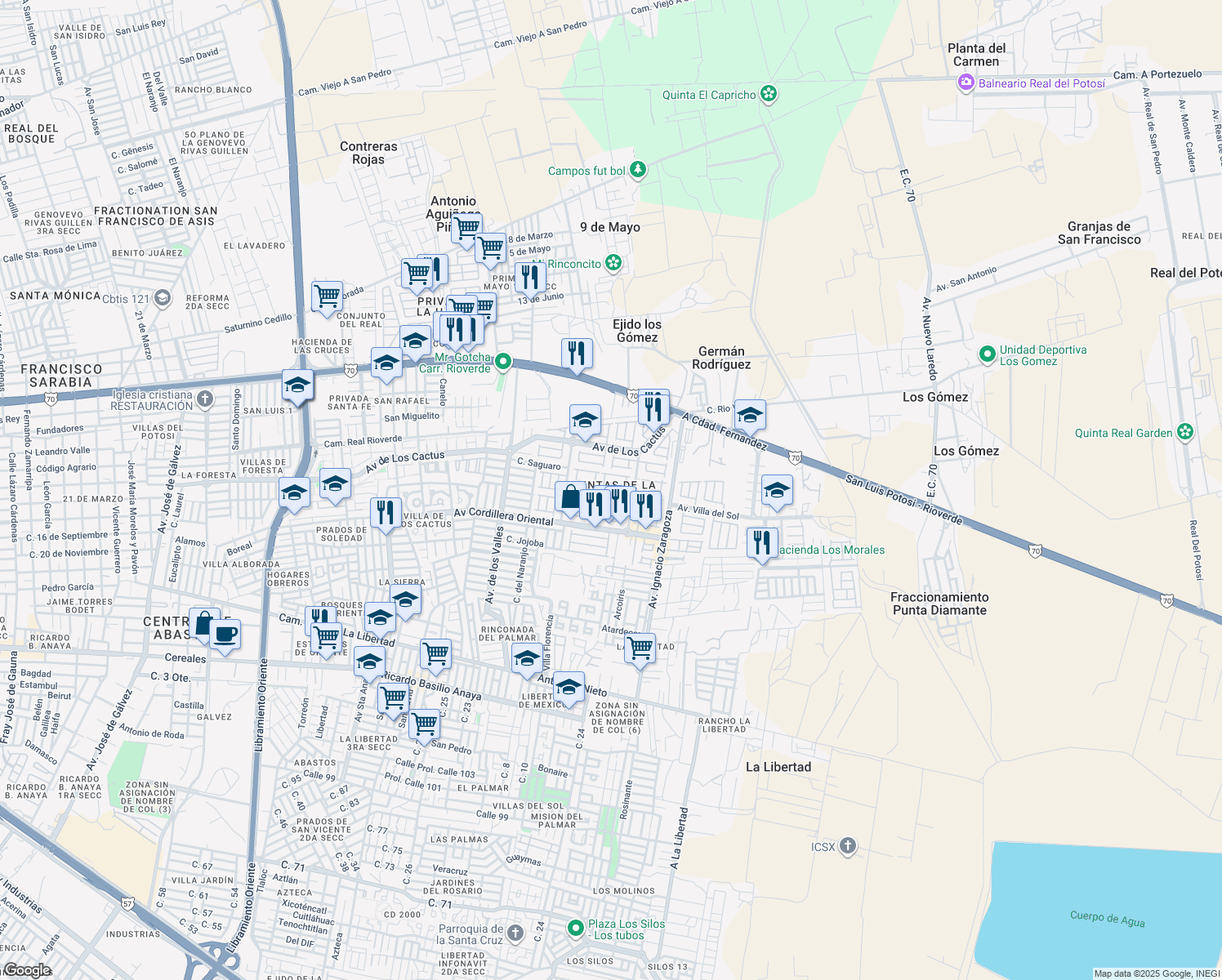 map of restaurants, bars, coffee shops, grocery stores, and more near in Soledad de Graciano Sánchez