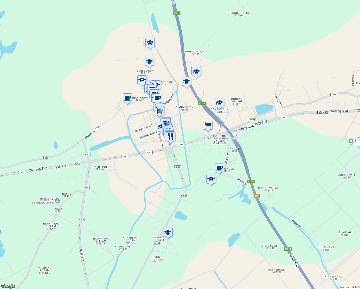 map of restaurants, bars, coffee shops, grocery stores, and more near Zhu Feng Da Dao in Zhu Hai Shi