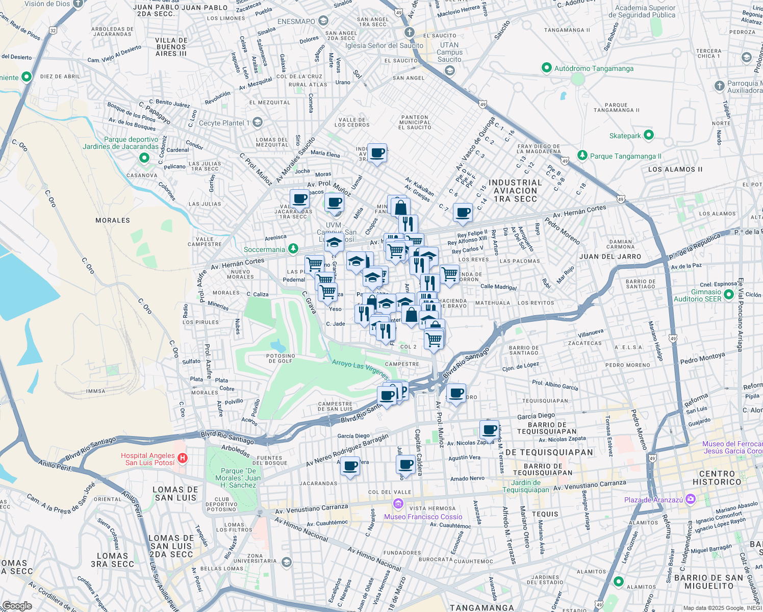 map of restaurants, bars, coffee shops, grocery stores, and more near 5 in San Luis Potosí