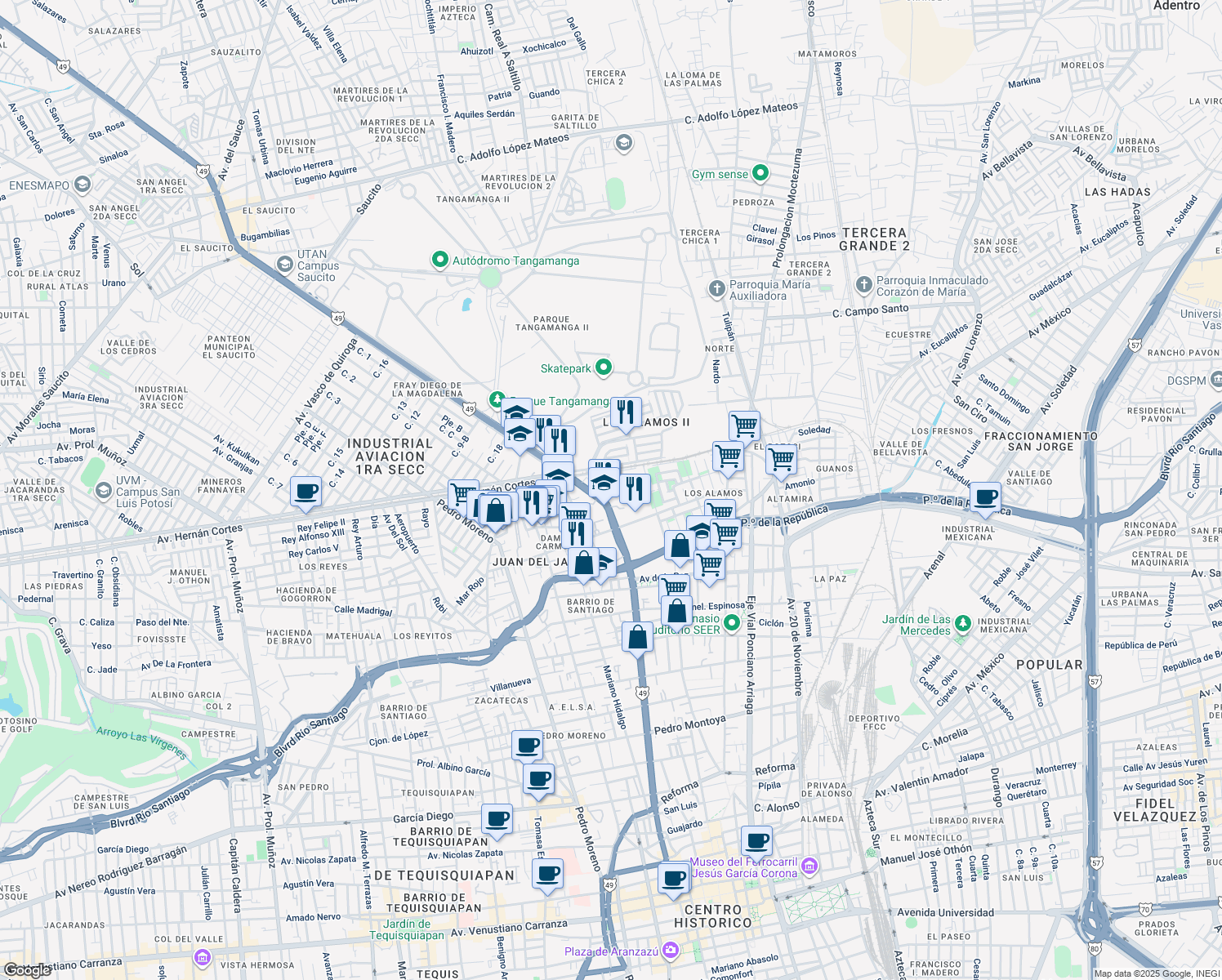 map of restaurants, bars, coffee shops, grocery stores, and more near 3 Avenida Damián Carmona in San Luis Potosí