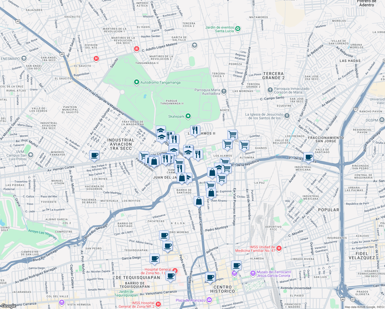 map of restaurants, bars, coffee shops, grocery stores, and more near 6 Avenida Damián Carmona in San Luis Potosí
