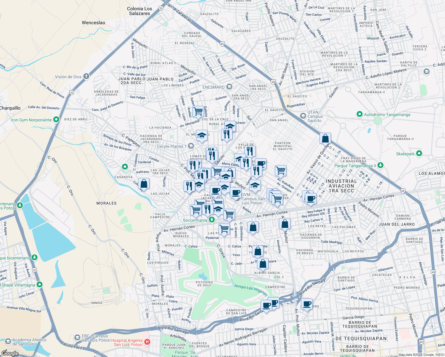 map of restaurants, bars, coffee shops, grocery stores, and more near Capulines in San Luis Potosí