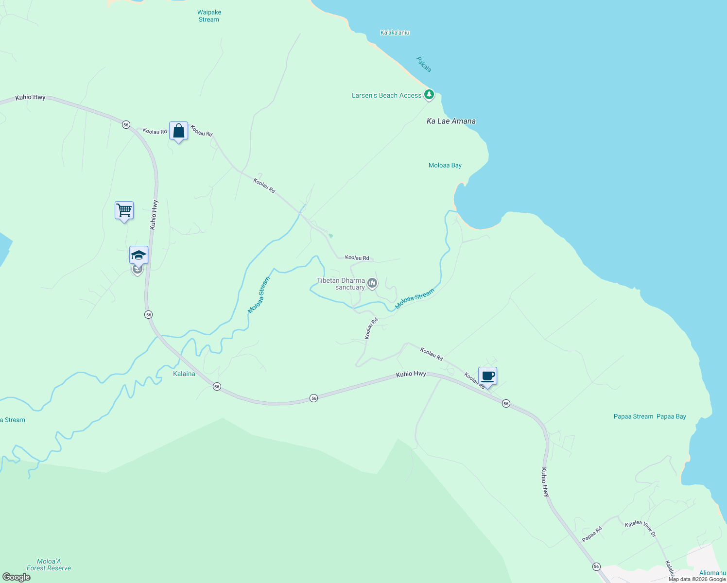 map of restaurants, bars, coffee shops, grocery stores, and more near 6782 Koolau Road in Kilauea