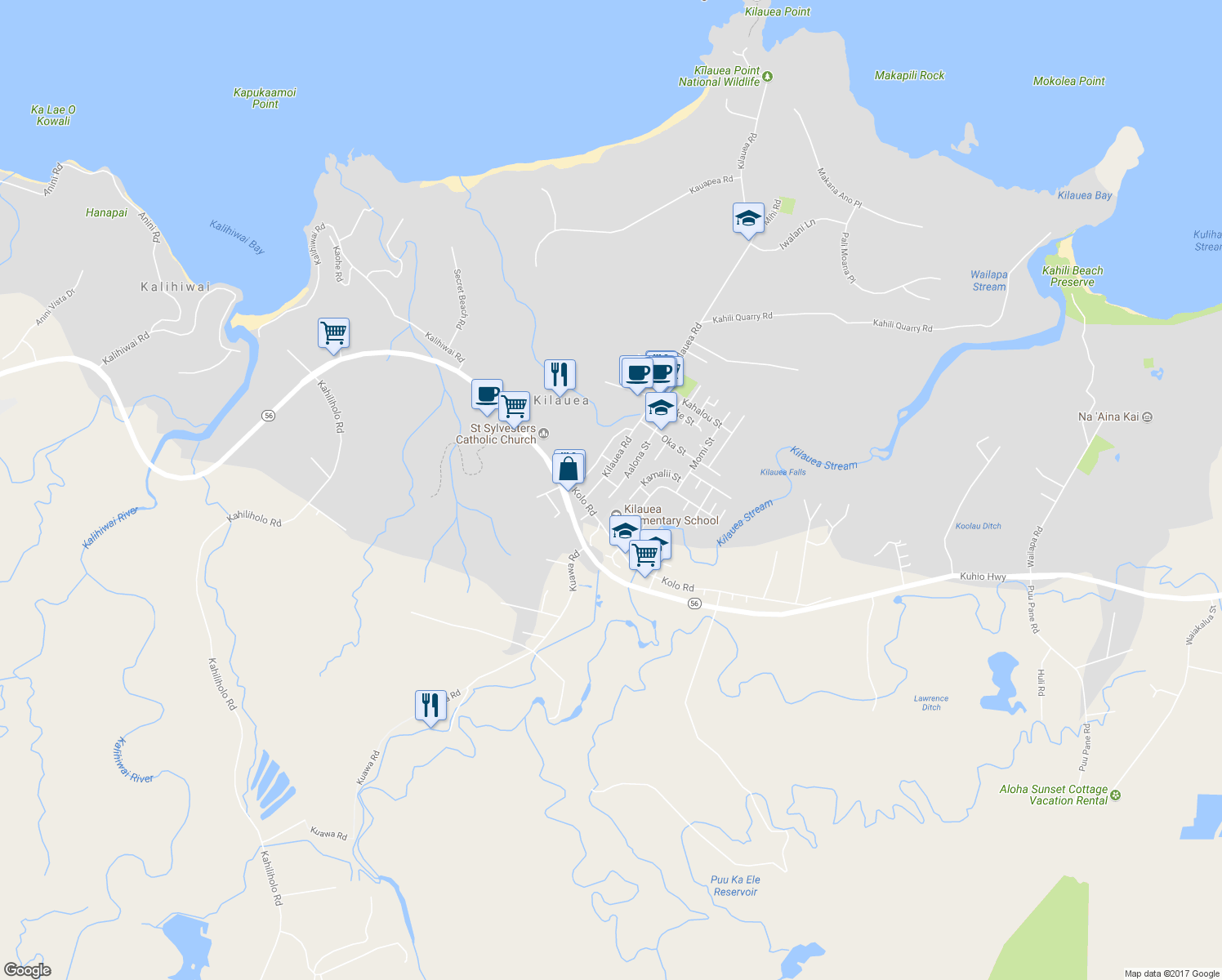 map of restaurants, bars, coffee shops, grocery stores, and more near 4412 Aalona Street in Kilauea