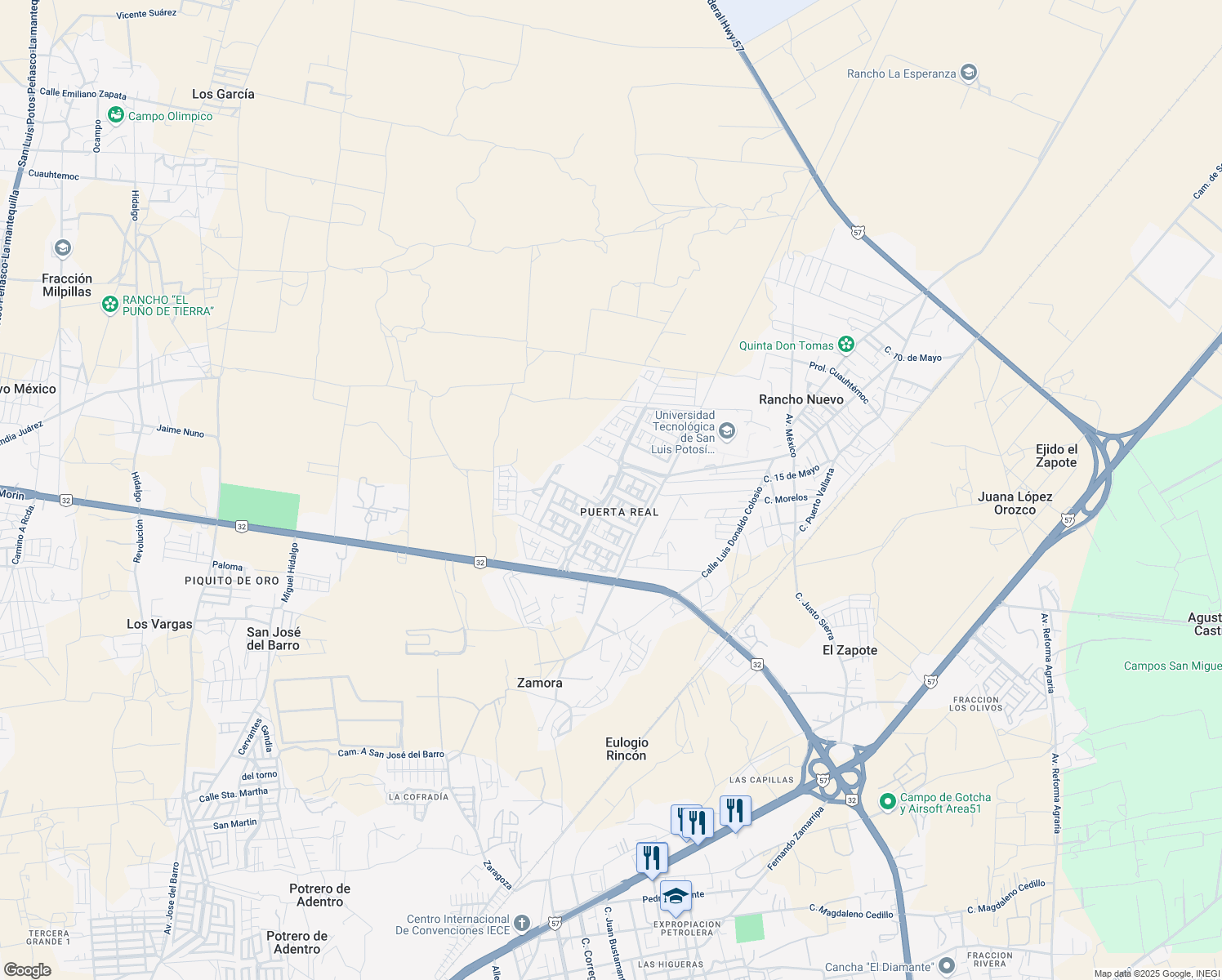 map of restaurants, bars, coffee shops, grocery stores, and more near Avenida Puerta Real in Rancho Nuevo