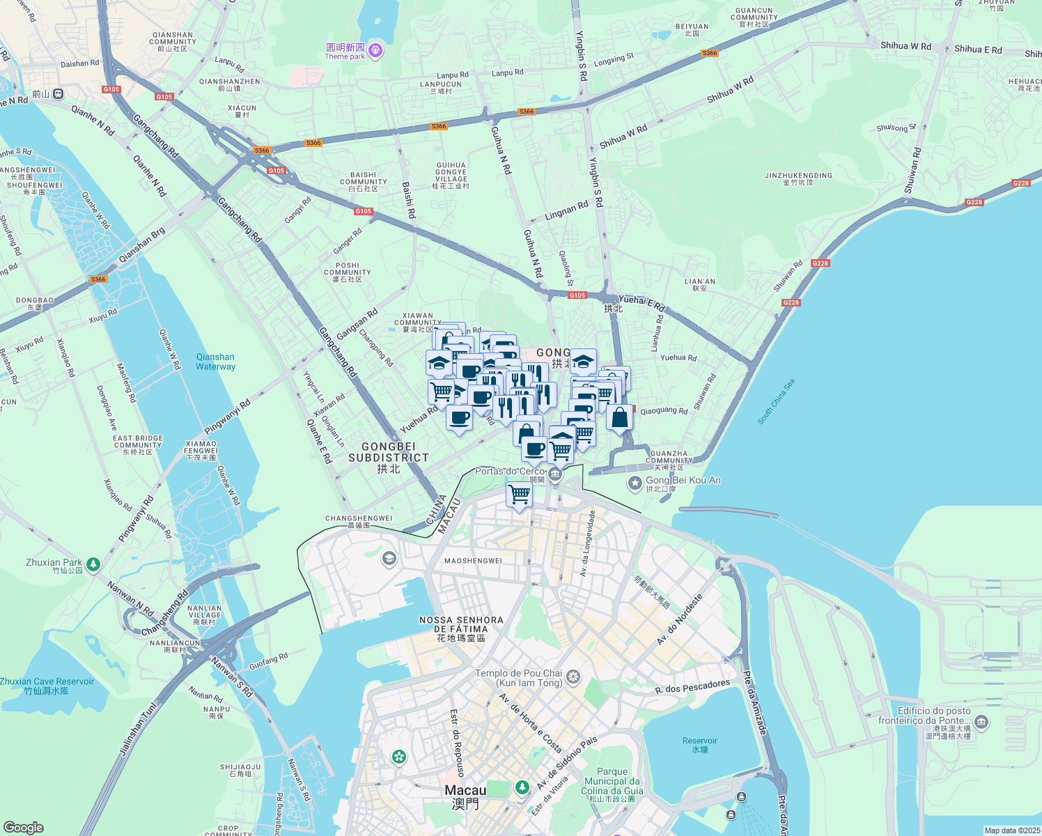 map of restaurants, bars, coffee shops, grocery stores, and more near Wei Ji Lu in Zhu Hai Shi