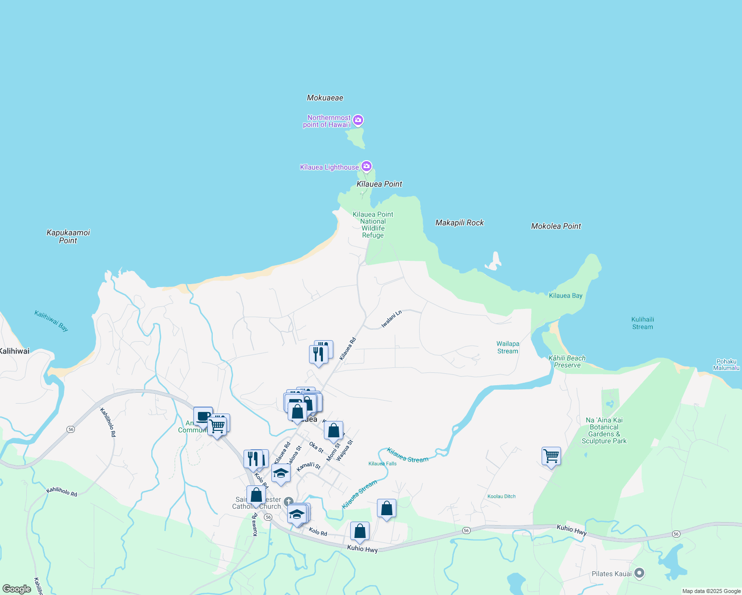 map of restaurants, bars, coffee shops, grocery stores, and more near 2399 Makana Ano Place in Kilauea