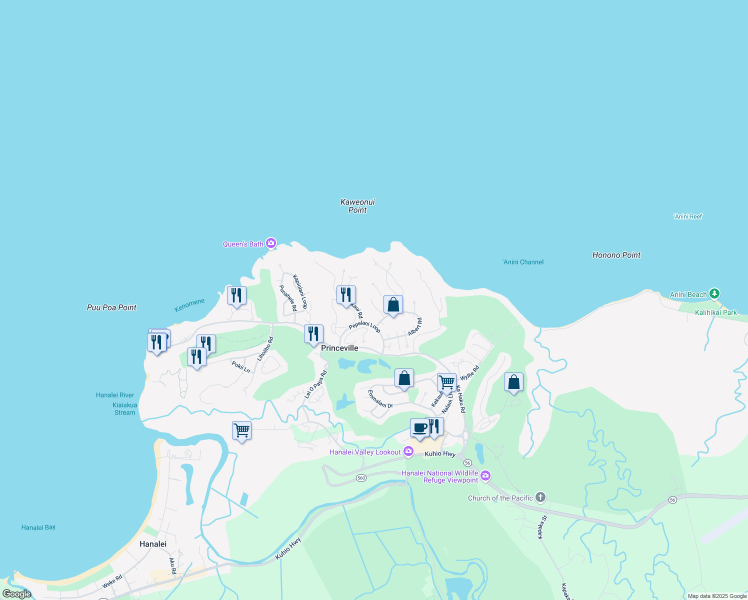 map of restaurants, bars, coffee shops, grocery stores, and more near 4910 Akai Road in Princeville