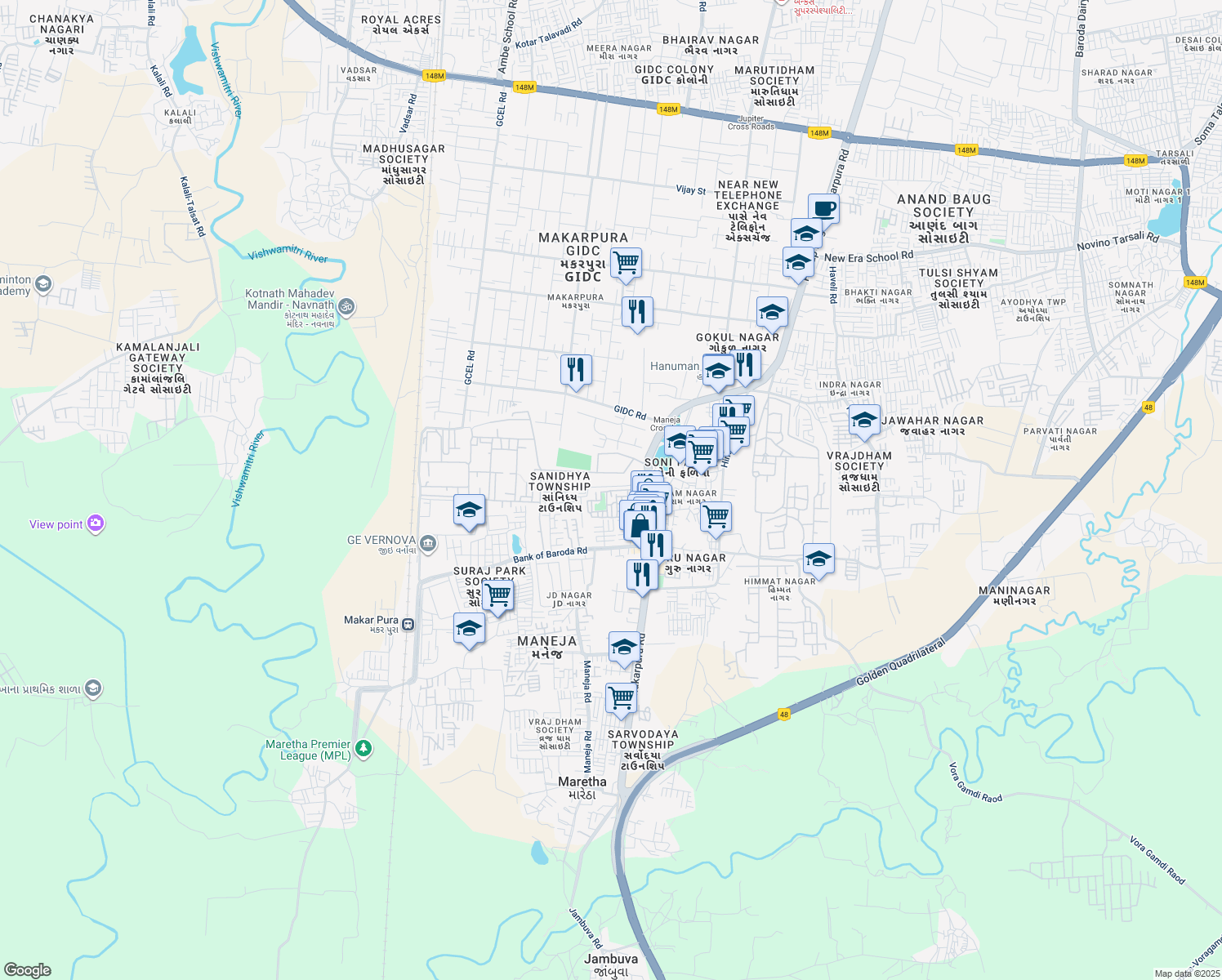 map of restaurants, bars, coffee shops, grocery stores, and more near National Highway 8 in Vadodara