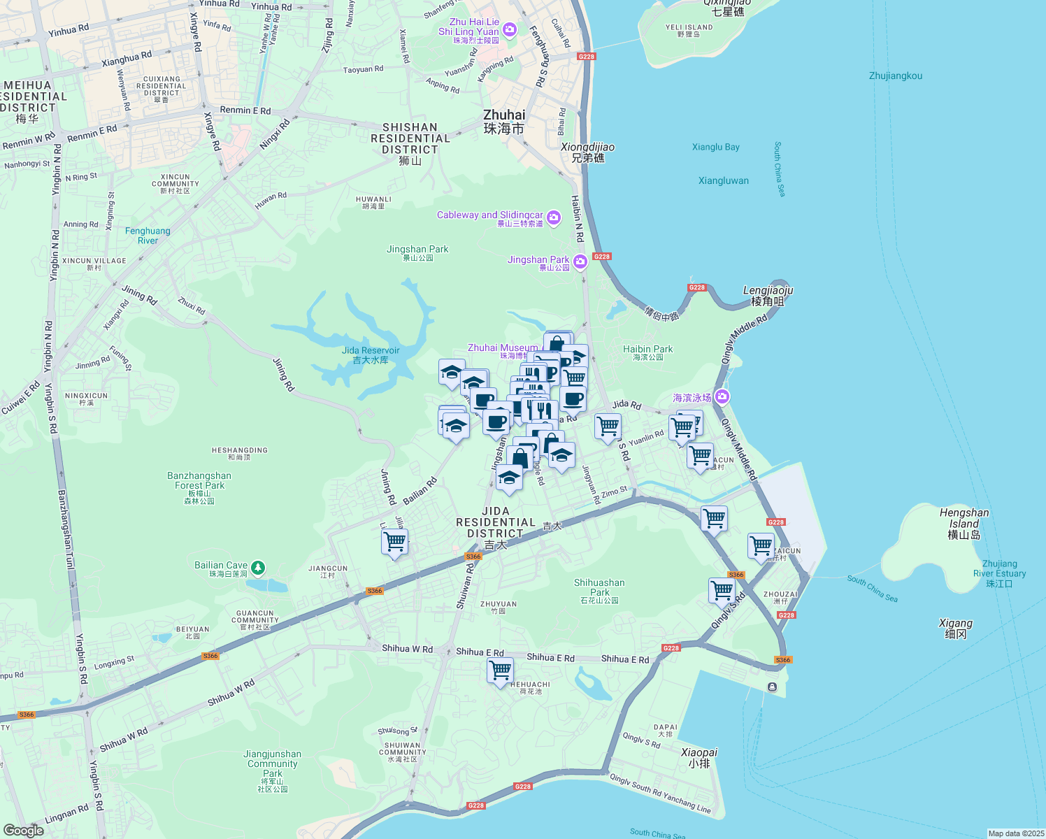 map of restaurants, bars, coffee shops, grocery stores, and more near Jing Shan Lu in Zhu Hai Shi