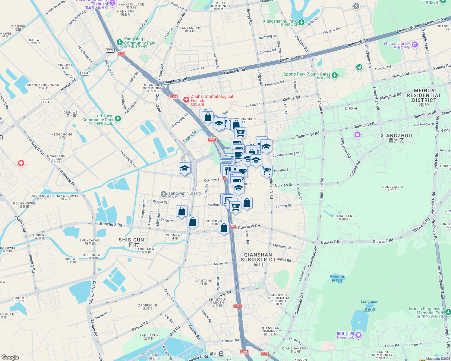 map of restaurants, bars, coffee shops, grocery stores, and more near 3045 Ming Zhu Nan Lu in Zhu Hai Shi