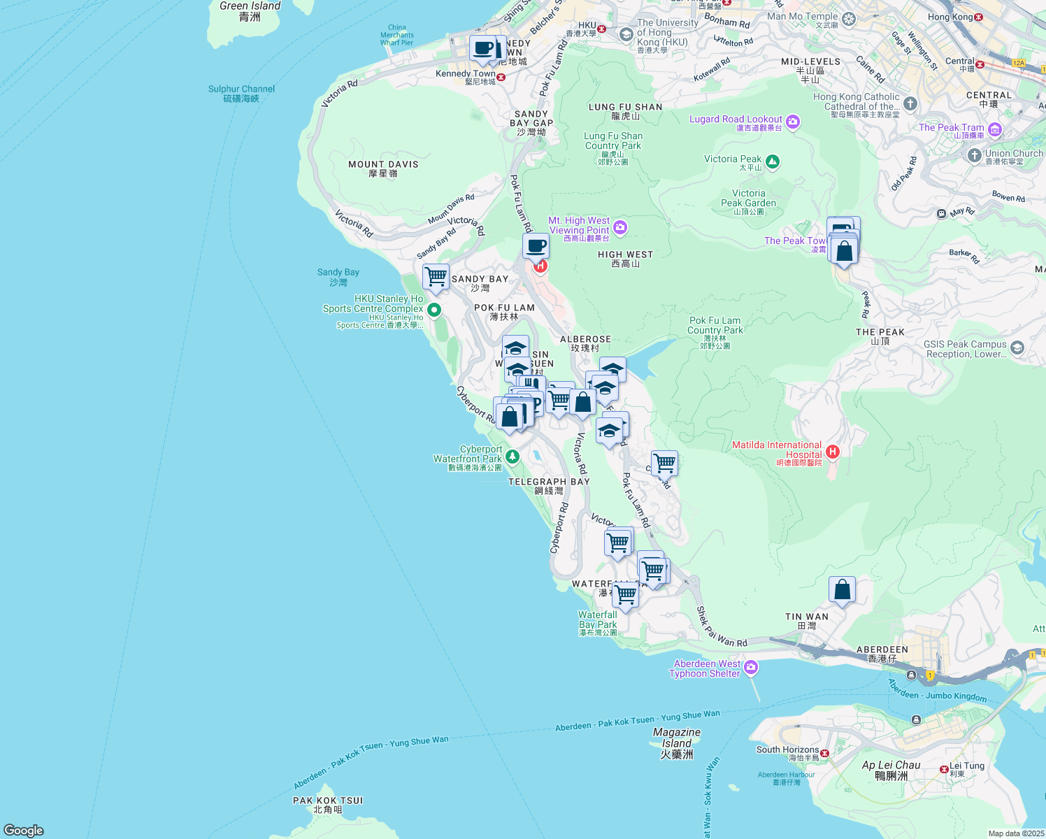 map of restaurants, bars, coffee shops, grocery stores, and more near 100 Cyberport Road in Southern District