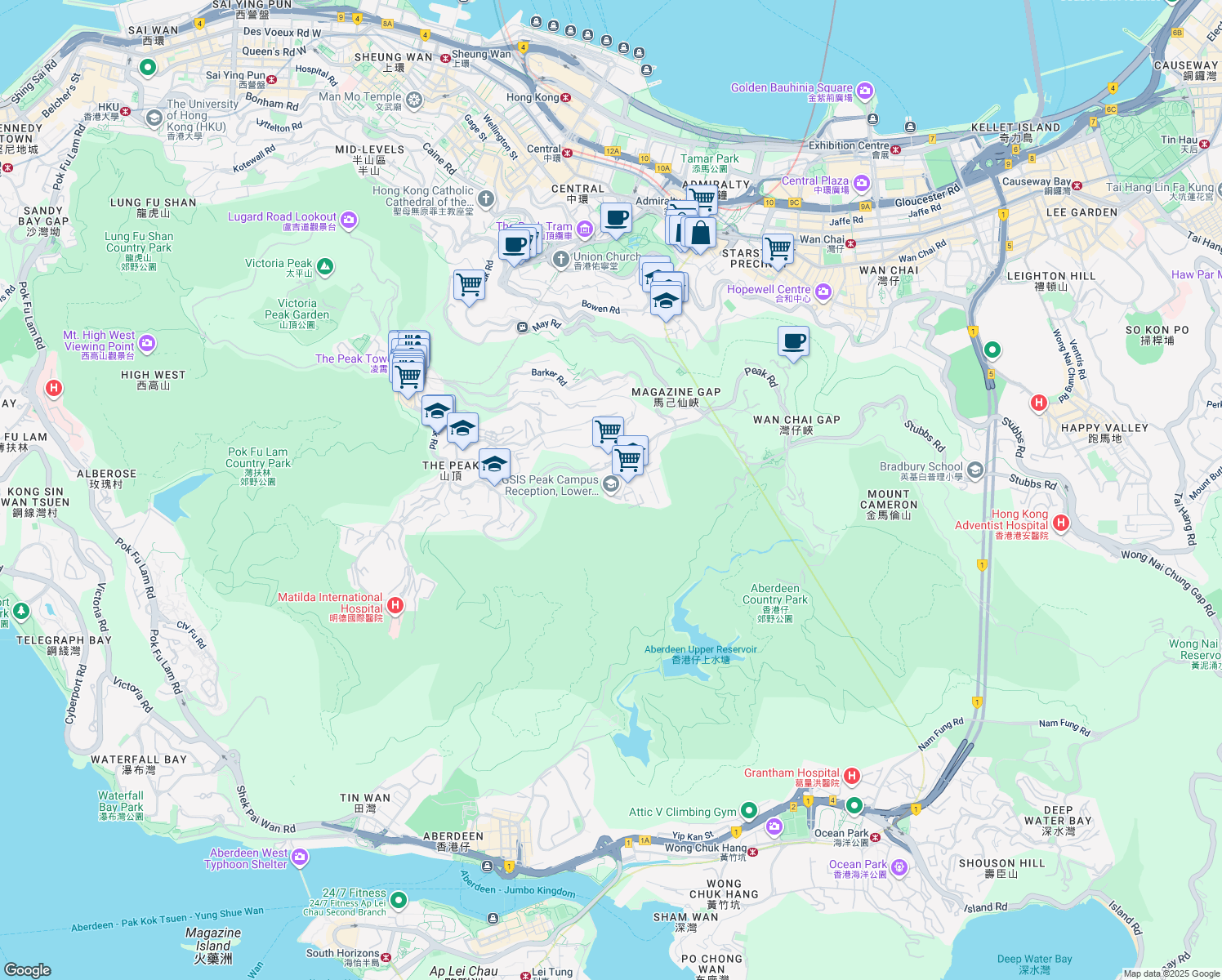 map of restaurants, bars, coffee shops, grocery stores, and more near 11 Guildford Rd in The Peak