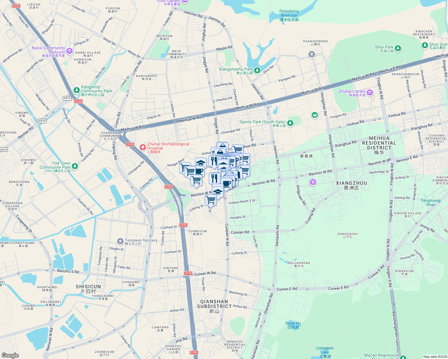 map of restaurants, bars, coffee shops, grocery stores, and more near 3045 Ming Zhu Nan Lu in Zhu Hai Shi