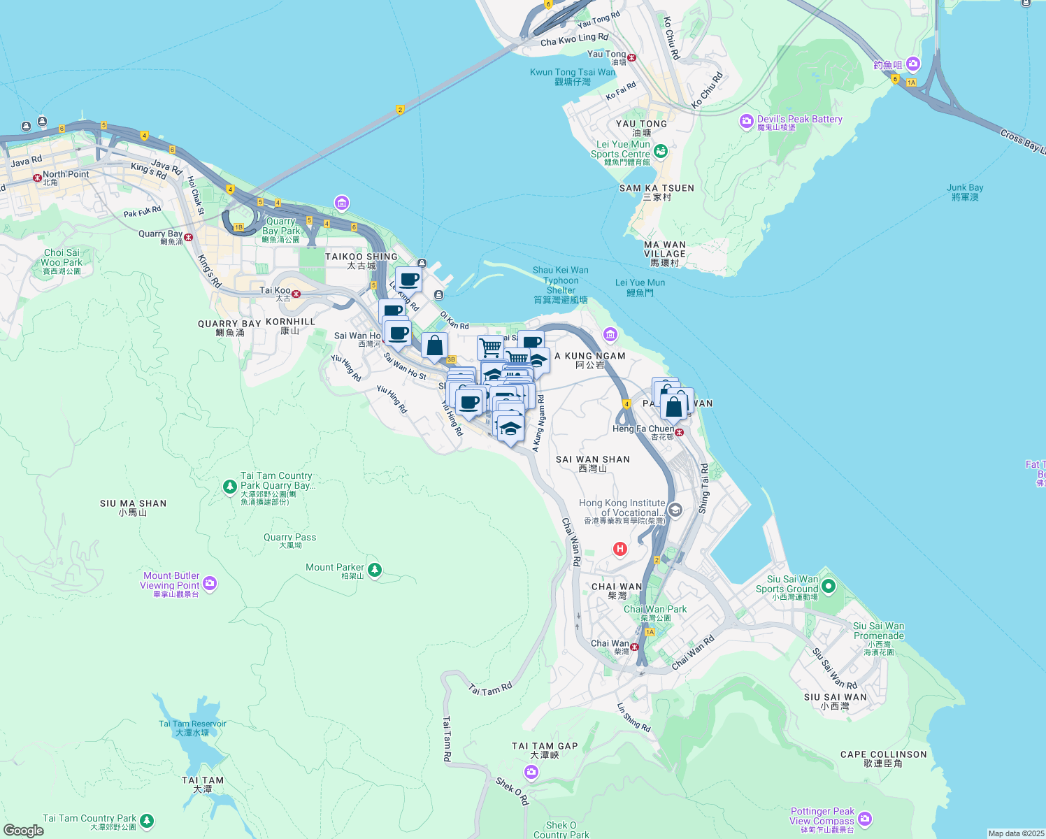 map of restaurants, bars, coffee shops, grocery stores, and more near 167 Shau Kei Wan Main Street East in Hong Kong