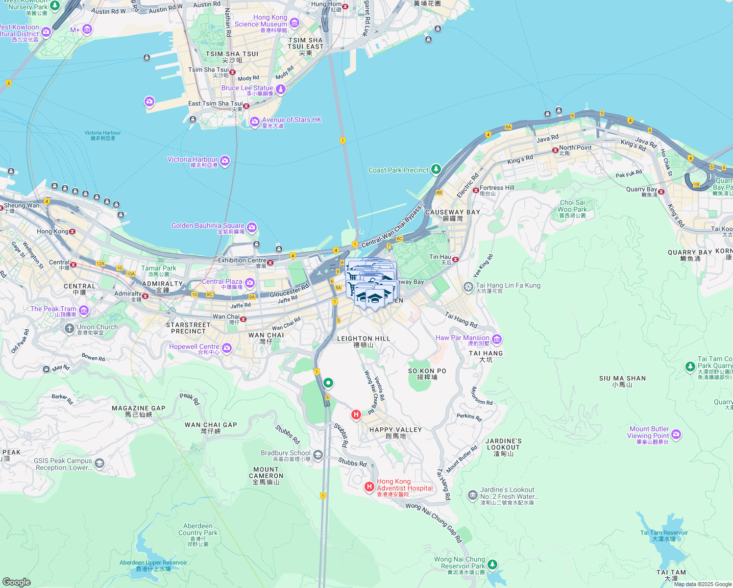 map of restaurants, bars, coffee shops, grocery stores, and more near 500 Hennessy Road in Wan Chai District