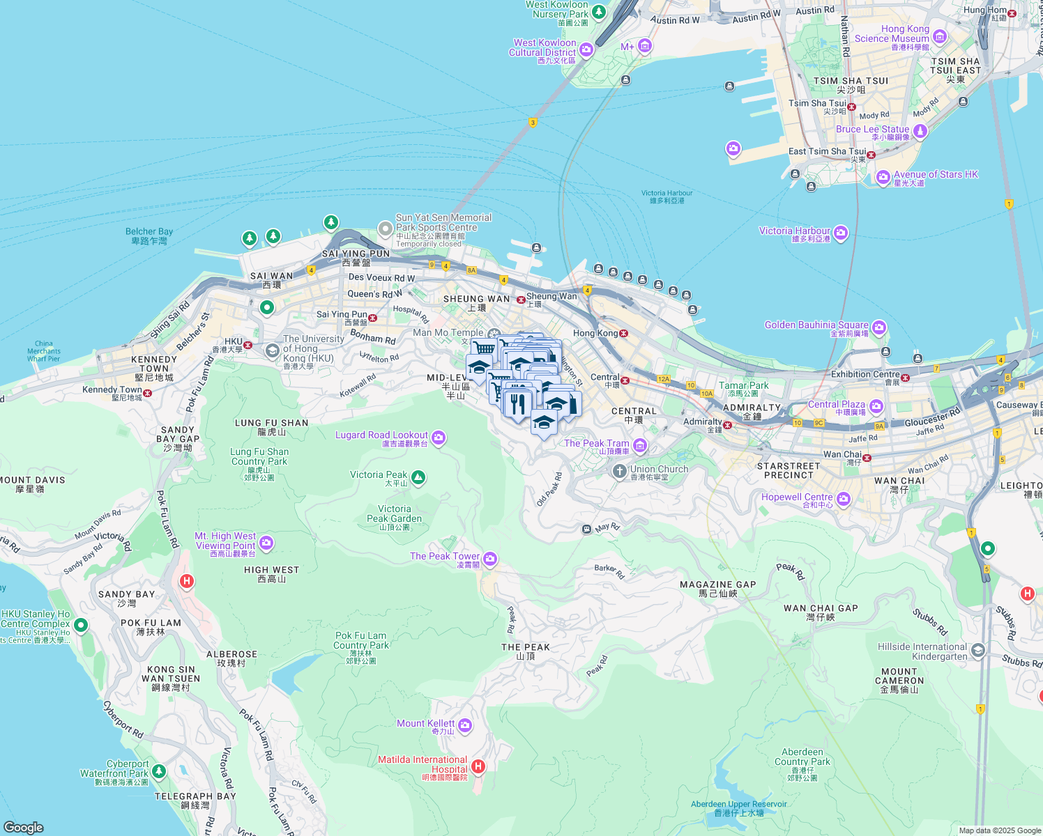 map of restaurants, bars, coffee shops, grocery stores, and more near 14 Mosque Street in Hong Kong