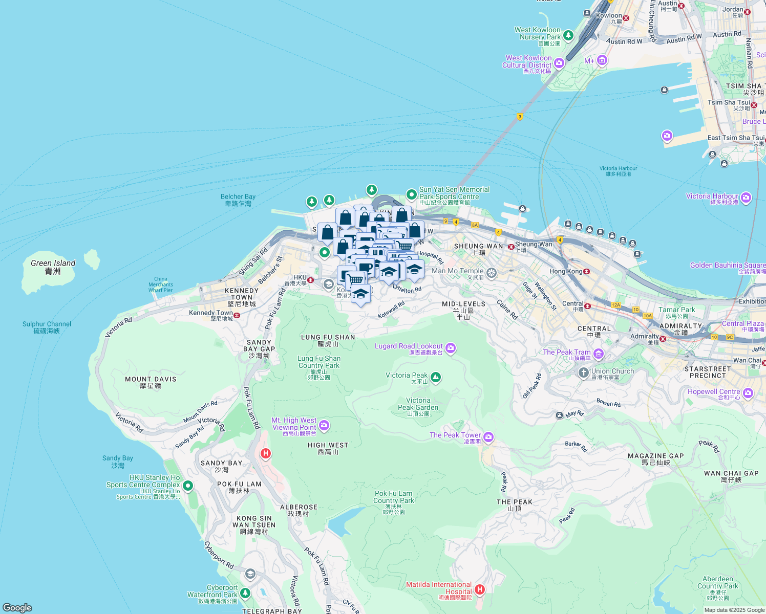 map of restaurants, bars, coffee shops, grocery stores, and more near 42 Kotewall Road in Hong Kong