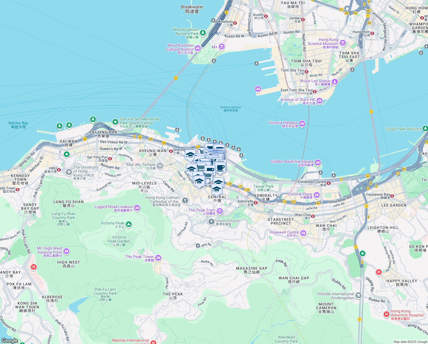 map of restaurants, bars, coffee shops, grocery stores, and more near 8 Connaught Place in Hong Kong