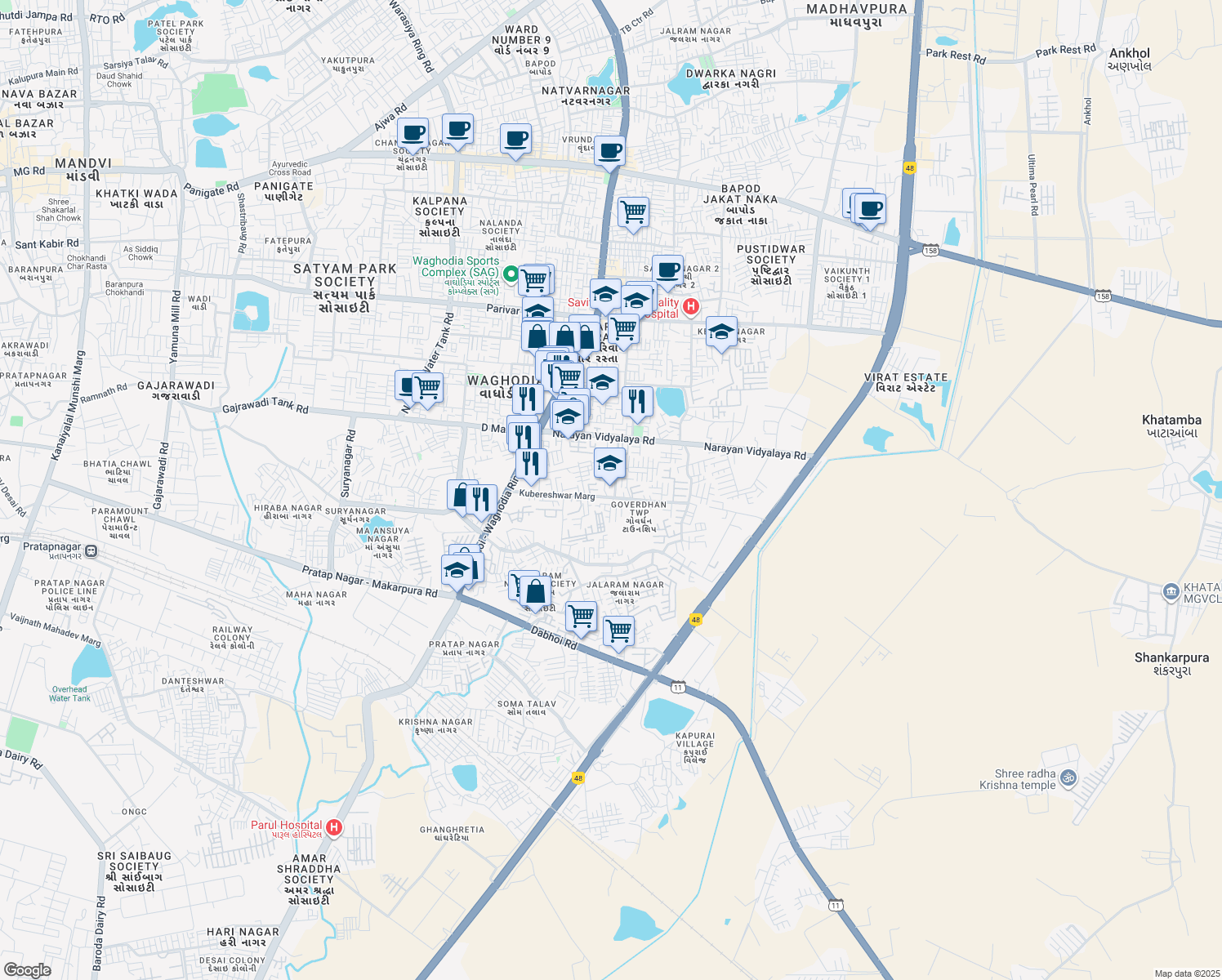 map of restaurants, bars, coffee shops, grocery stores, and more near in Vadodara