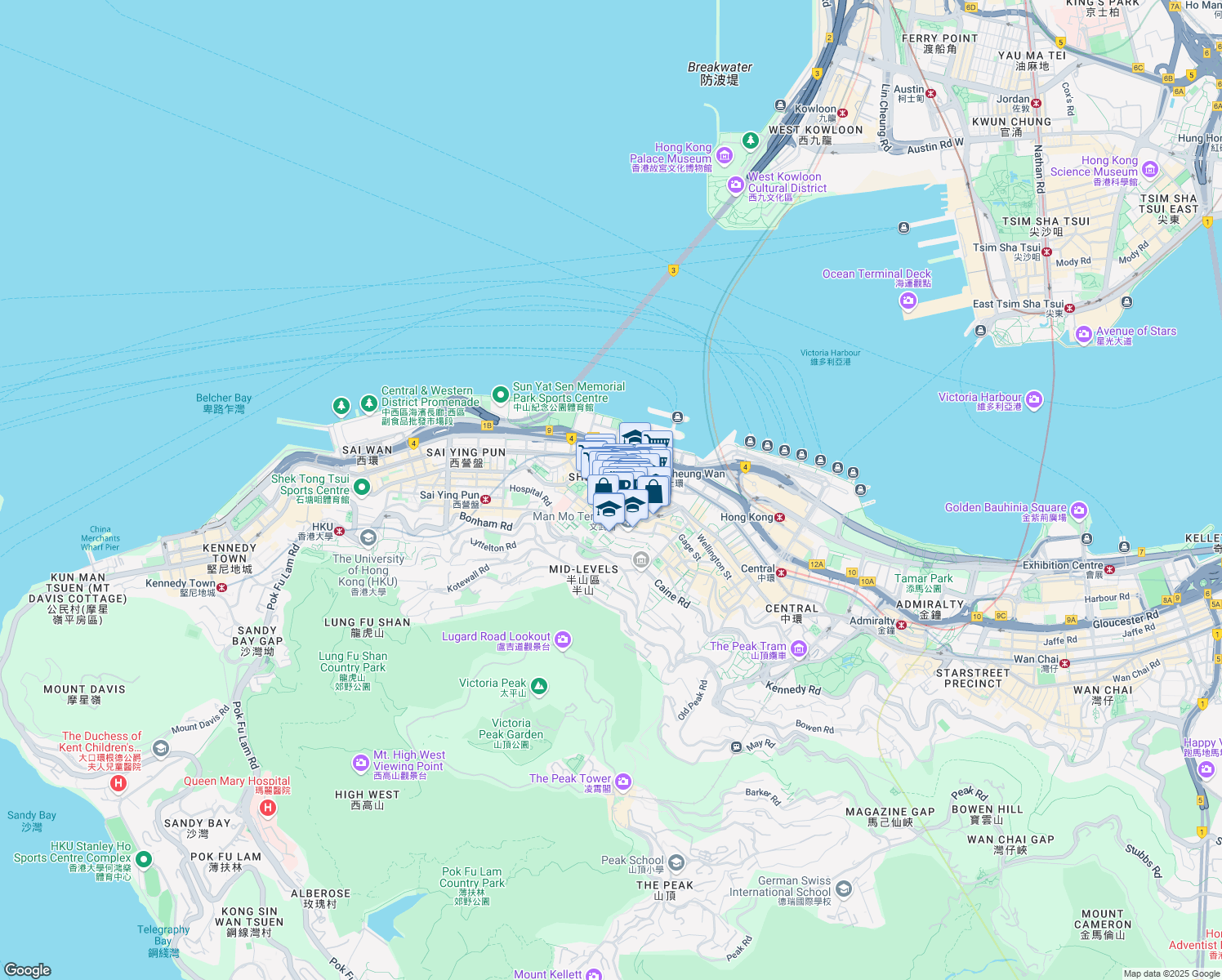 map of restaurants, bars, coffee shops, grocery stores, and more near 359 Queen's Road Central in Hong Kong
