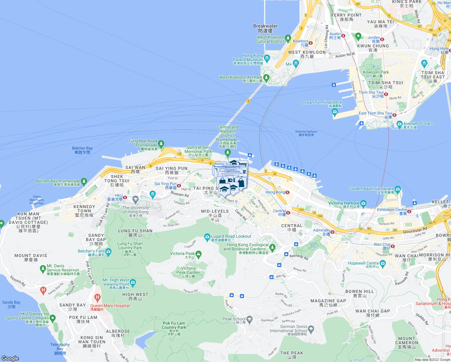 map of restaurants, bars, coffee shops, grocery stores, and more near 359 Queen's Road Central in Hong Kong