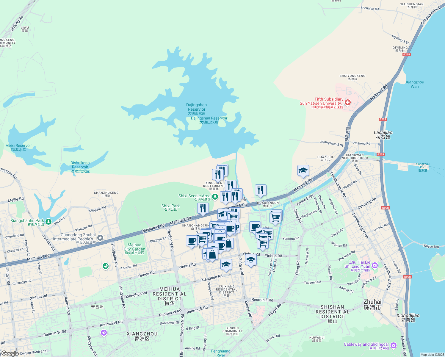 map of restaurants, bars, coffee shops, grocery stores, and more near Jing Shan Lu in Zhu Hai Shi