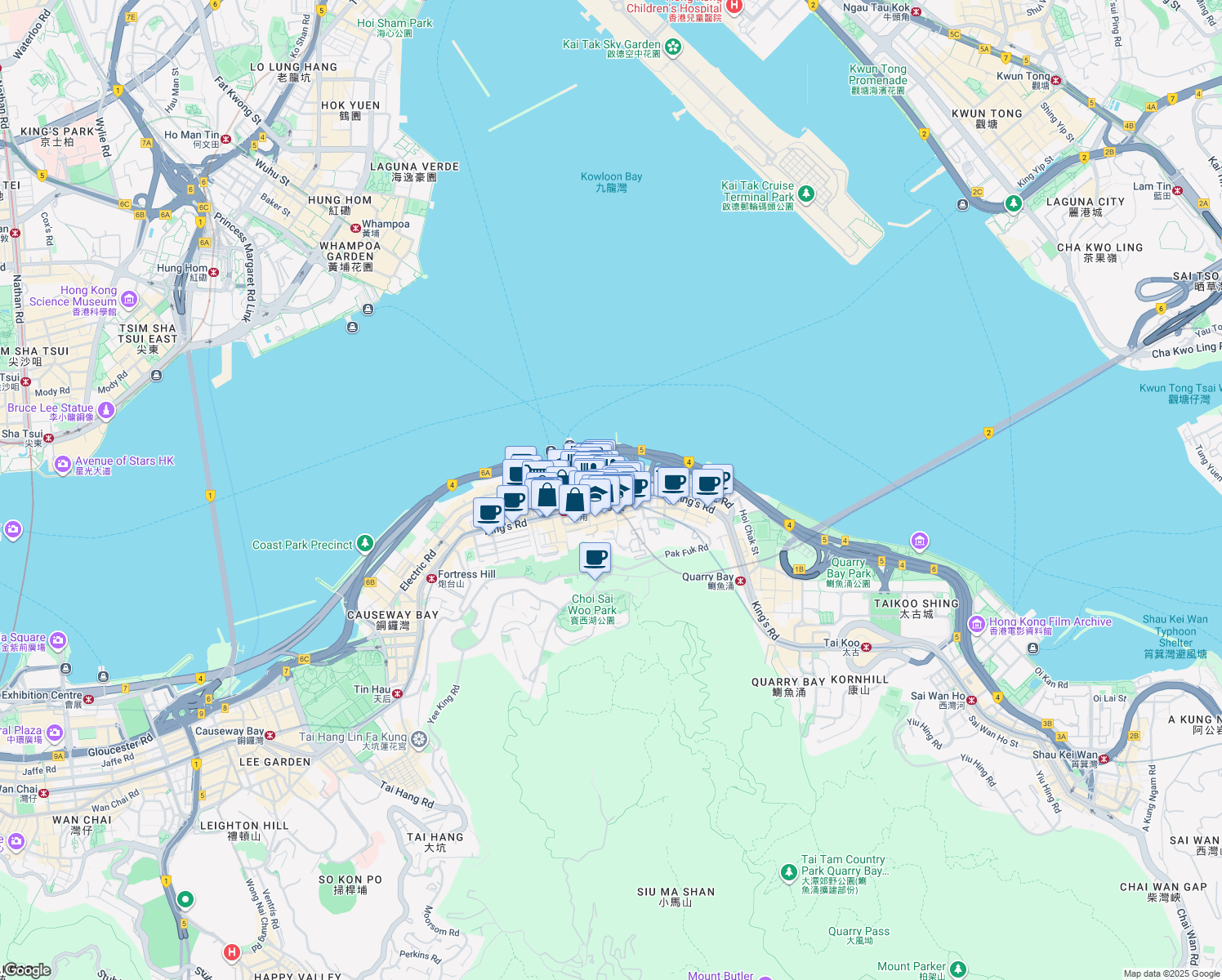 map of restaurants, bars, coffee shops, grocery stores, and more near Tin Chiu Street in Hong Kong