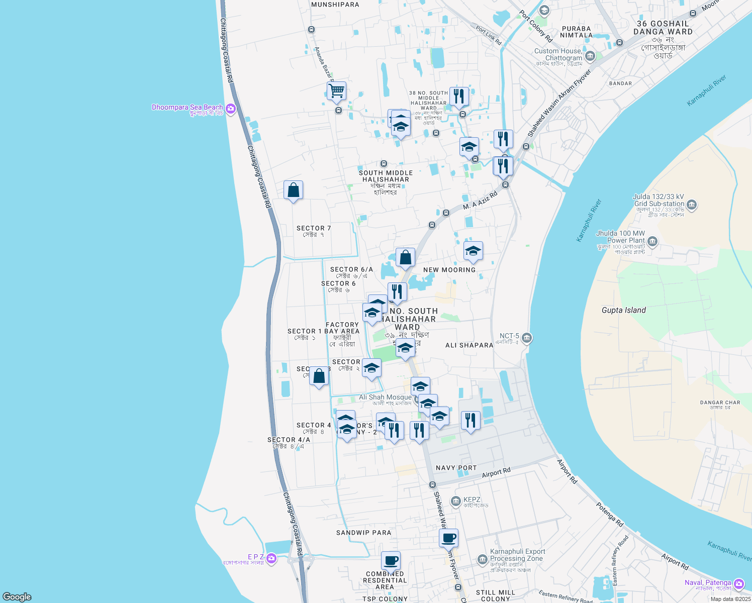 map of restaurants, bars, coffee shops, grocery stores, and more near CEPZ Entry Road in Chittagong