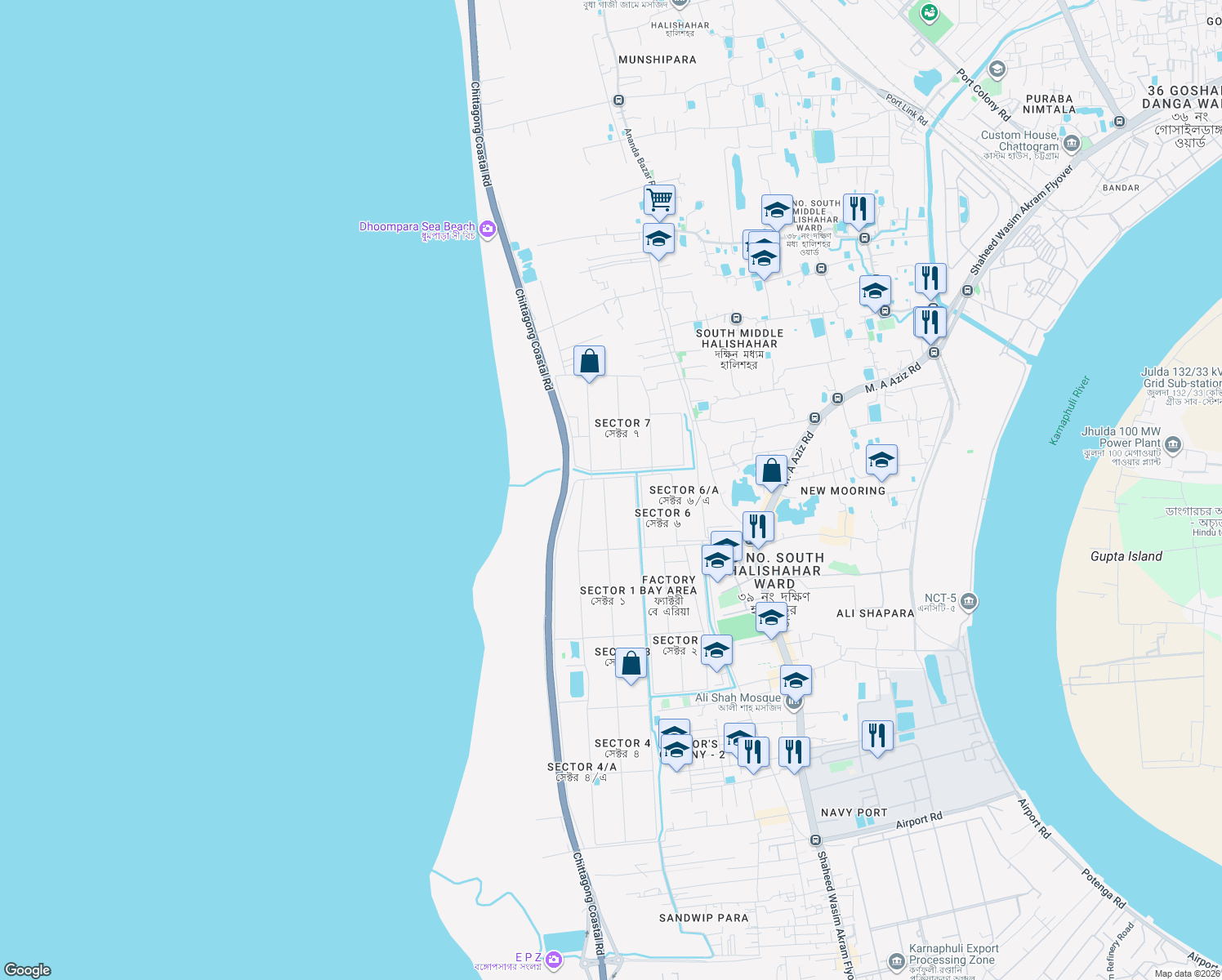 map of restaurants, bars, coffee shops, grocery stores, and more near CEPZ Entry Road in Chittagong