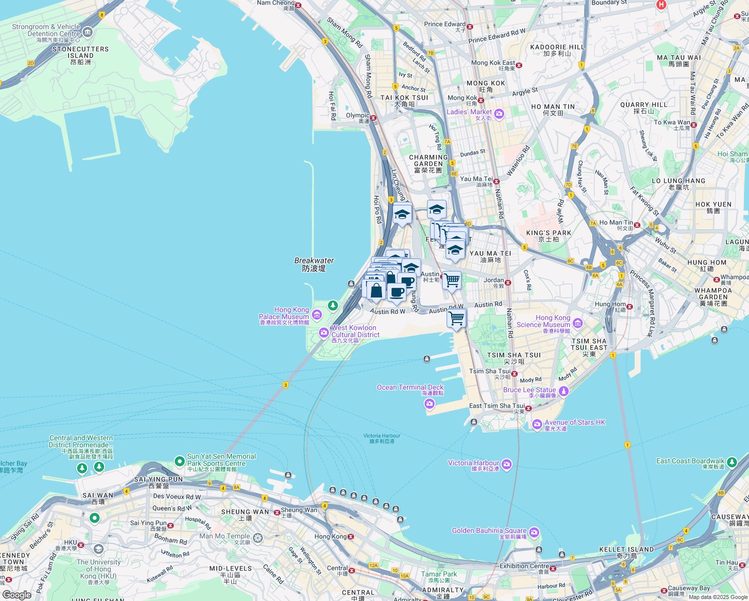 map of restaurants, bars, coffee shops, grocery stores, and more near 1 Austin Road West in Hong Kong