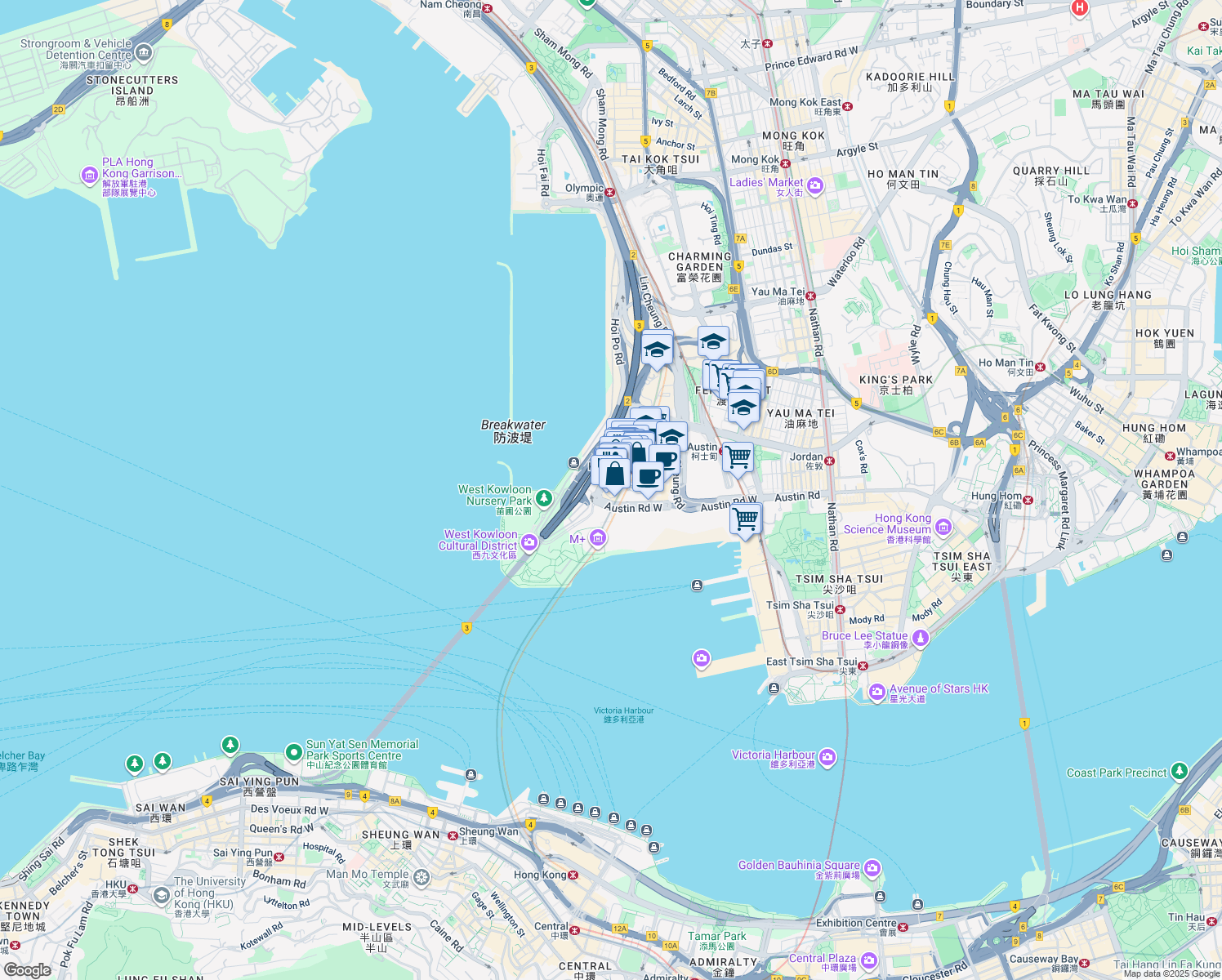 map of restaurants, bars, coffee shops, grocery stores, and more near 1 Austin Road West in Hong Kong