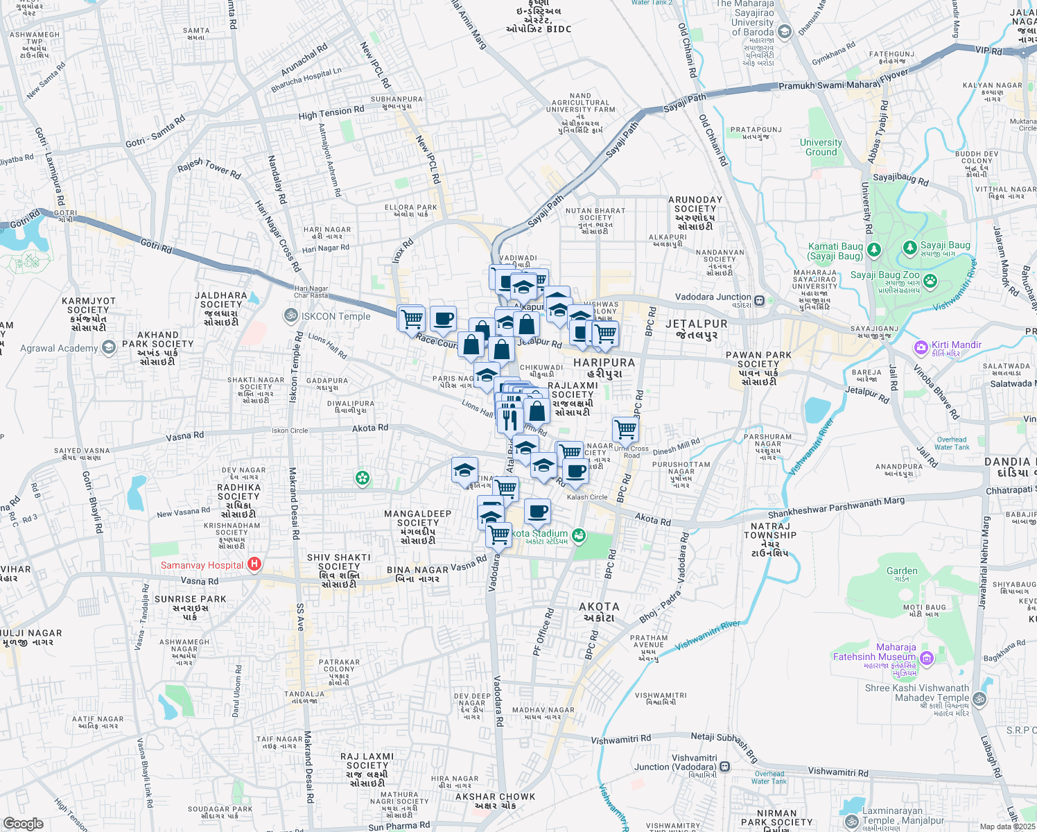 map of restaurants, bars, coffee shops, grocery stores, and more near 203 Old Padra Road in Vadodara