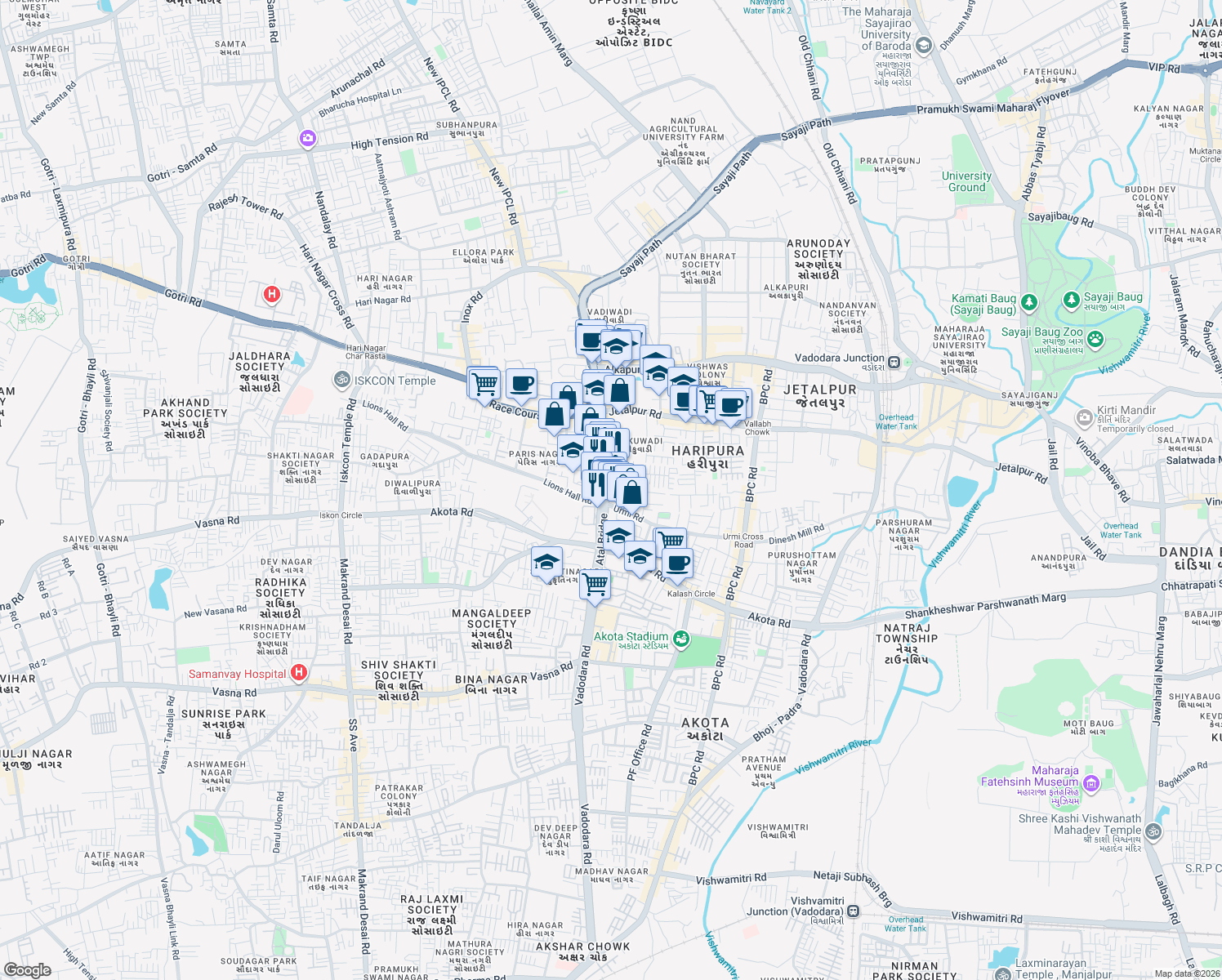 map of restaurants, bars, coffee shops, grocery stores, and more near 203 Old Padra Road in Vadodara