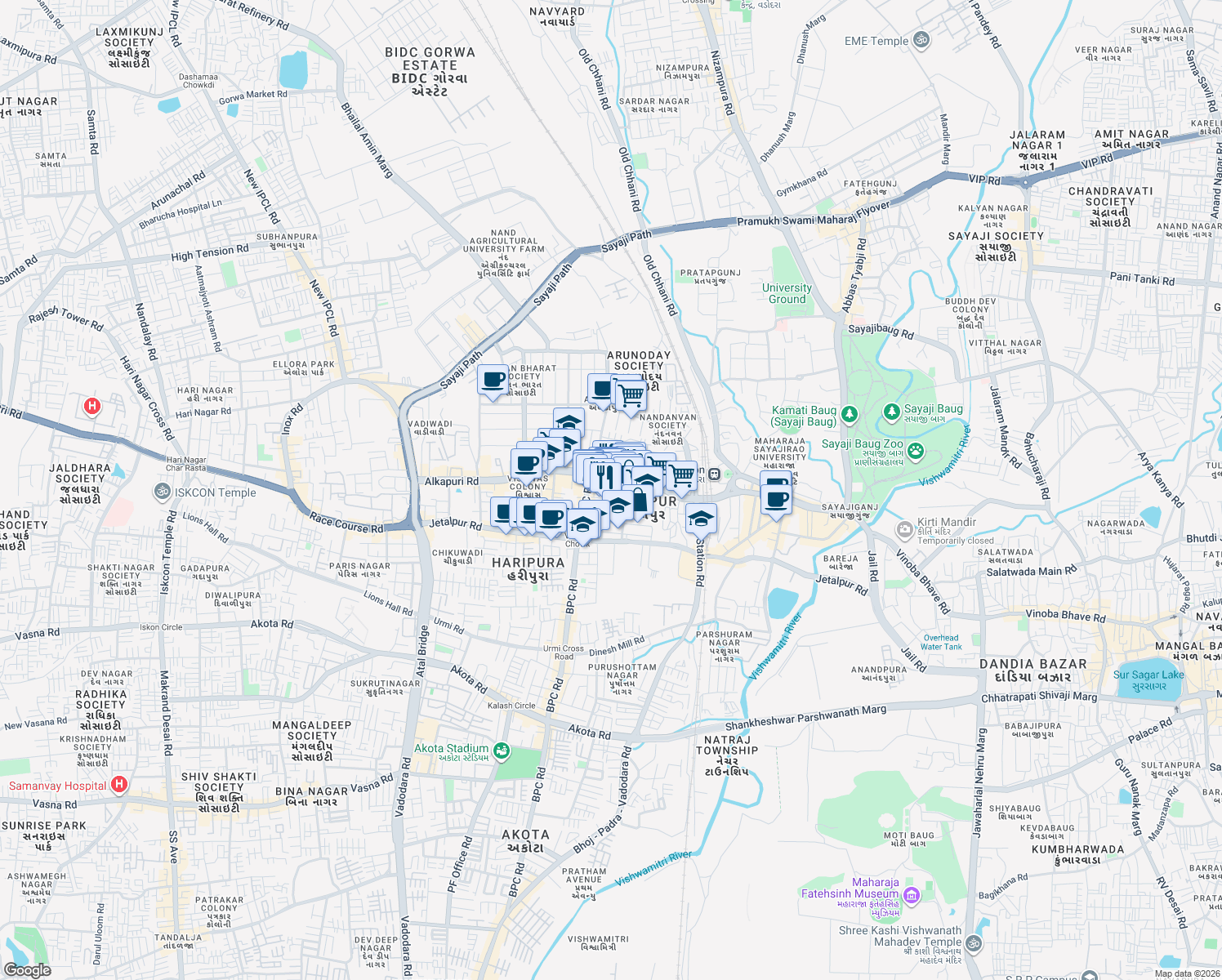 map of restaurants, bars, coffee shops, grocery stores, and more near RC Dutt Road in Vadodara