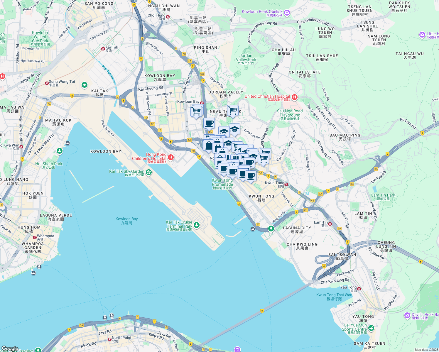 map of restaurants, bars, coffee shops, grocery stores, and more near Hoi Bun Road in Hong Kong