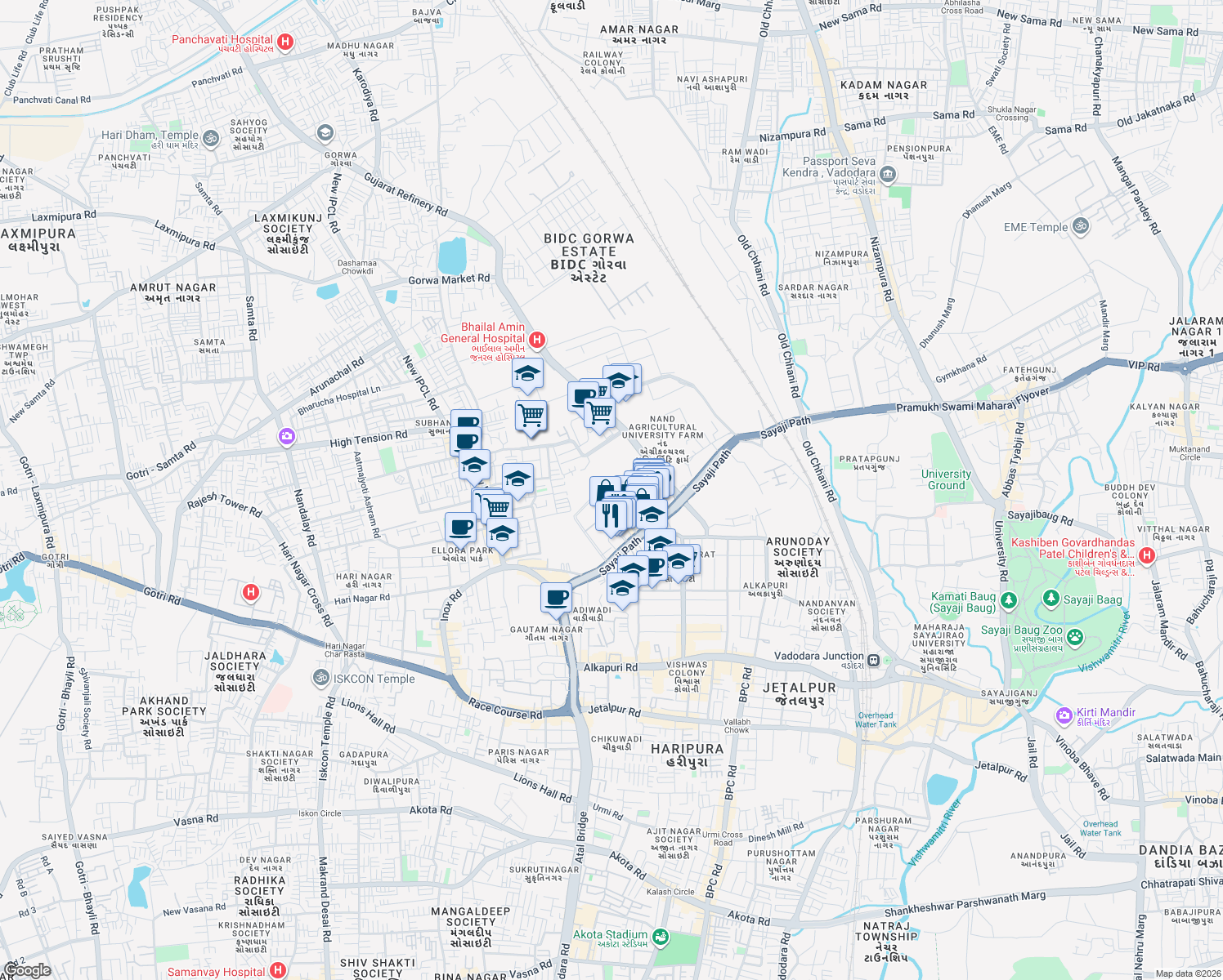 map of restaurants, bars, coffee shops, grocery stores, and more near in Vadodara