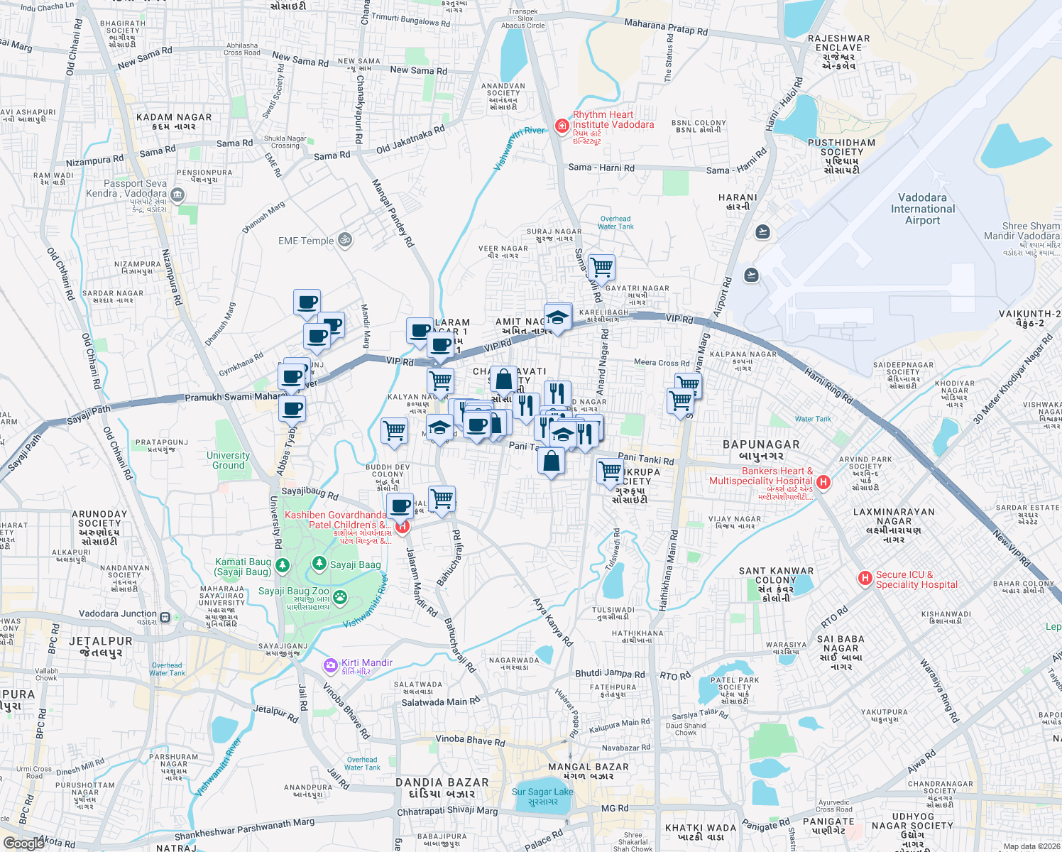map of restaurants, bars, coffee shops, grocery stores, and more near in Vadodara