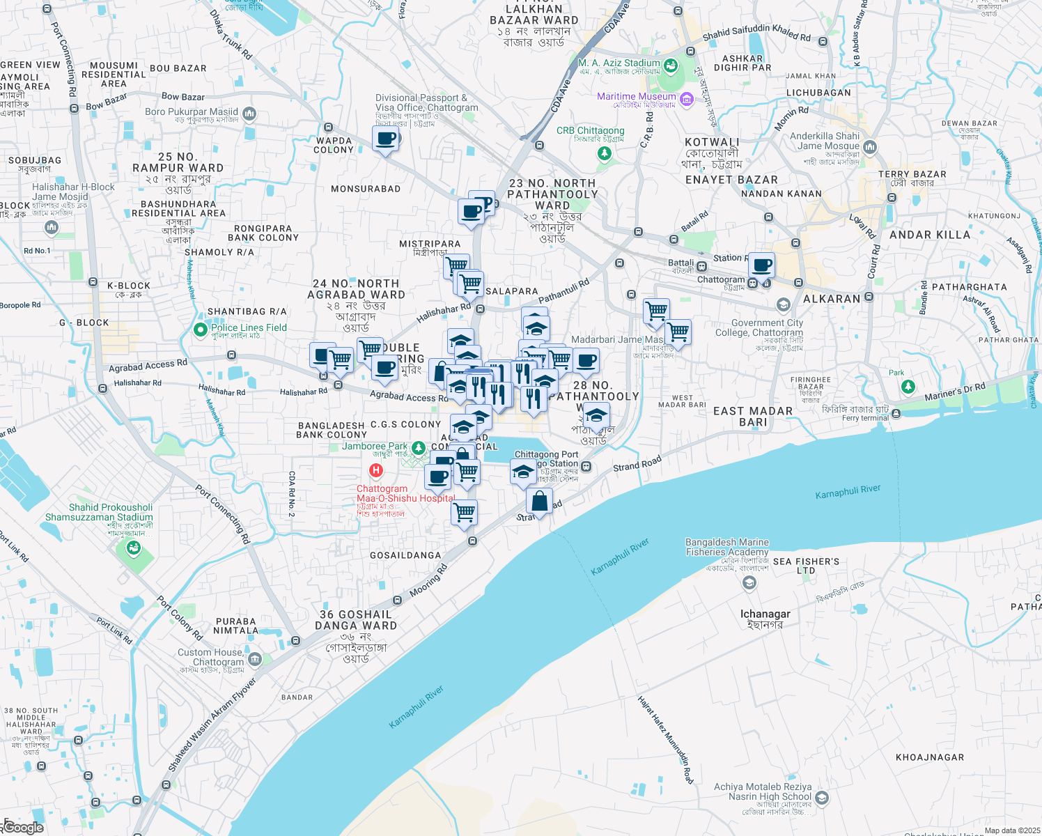 map of restaurants, bars, coffee shops, grocery stores, and more near in Chittagong