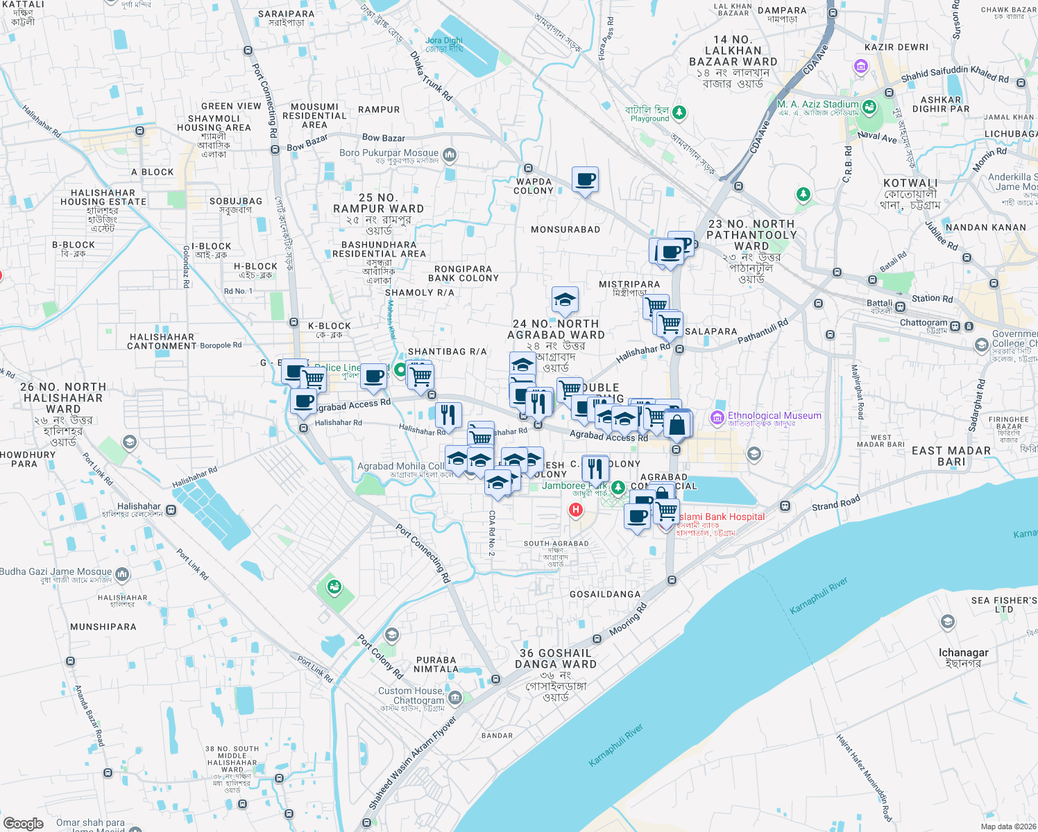 map of restaurants, bars, coffee shops, grocery stores, and more near Muhuri Para Road in Chittagong